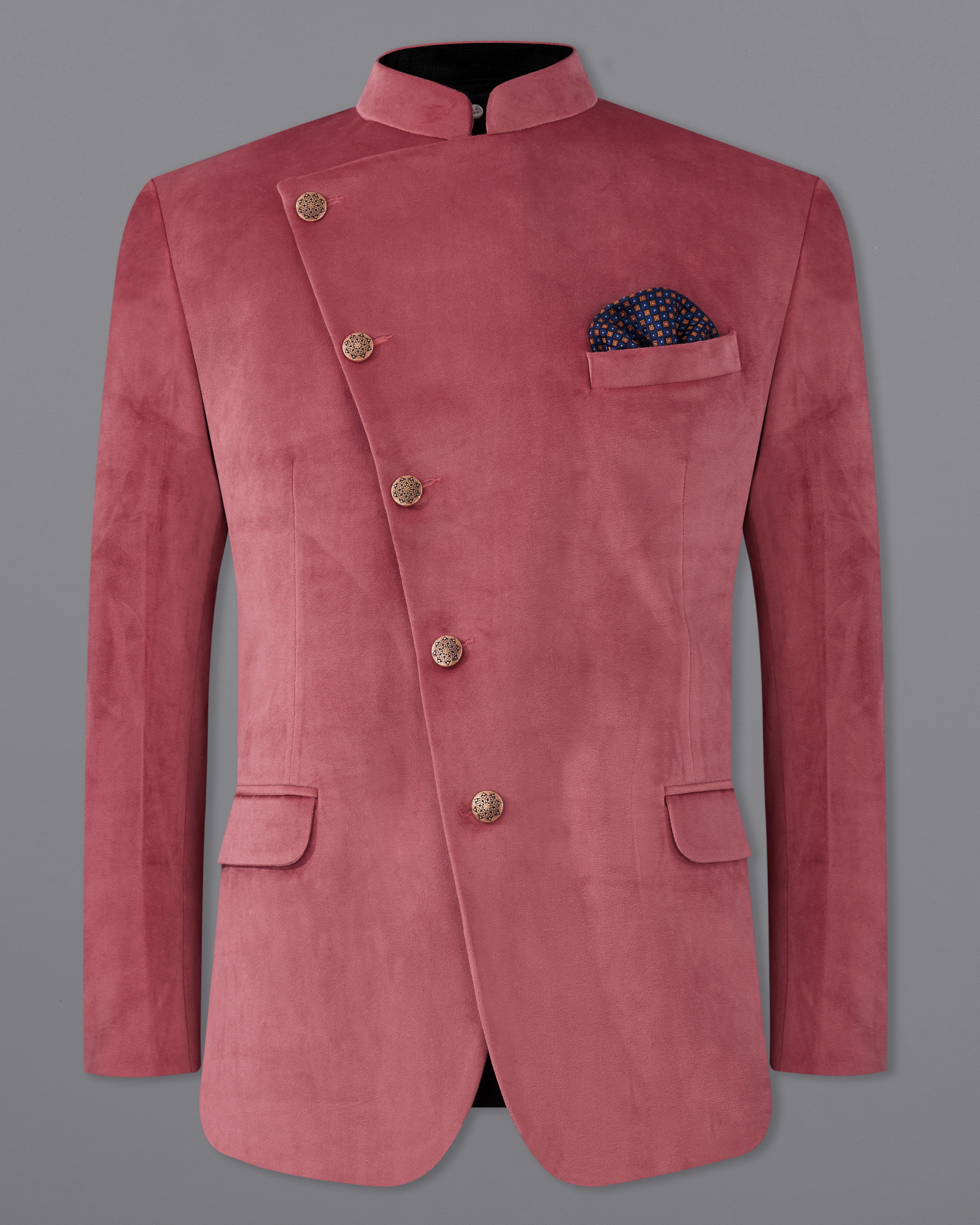 Coral Pink Cross Placket Bandhgala Premium Velvet Designer Blazer