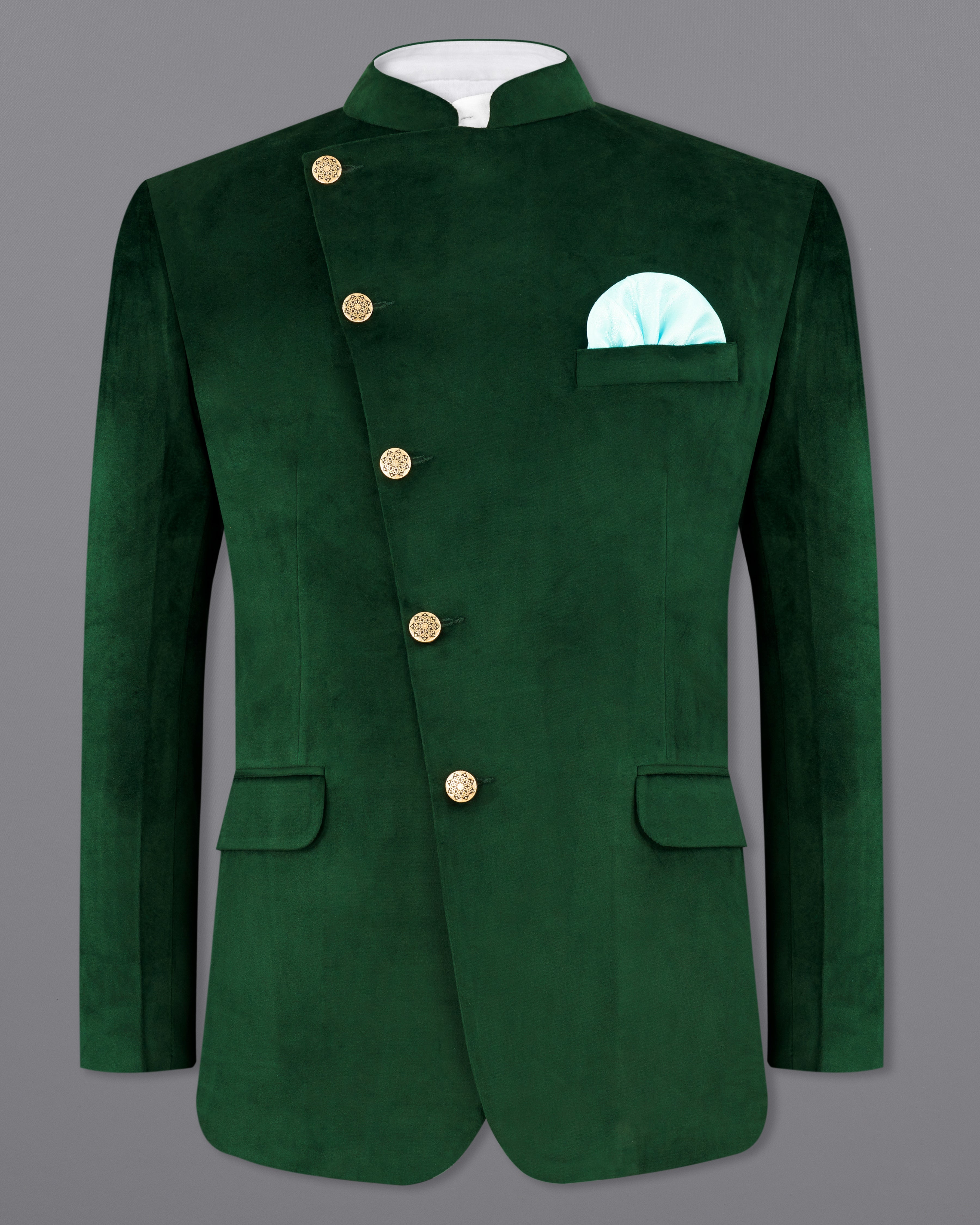 Phthalo Green Cross Placket  Bandhgala Premium Velvet Designer Blazer