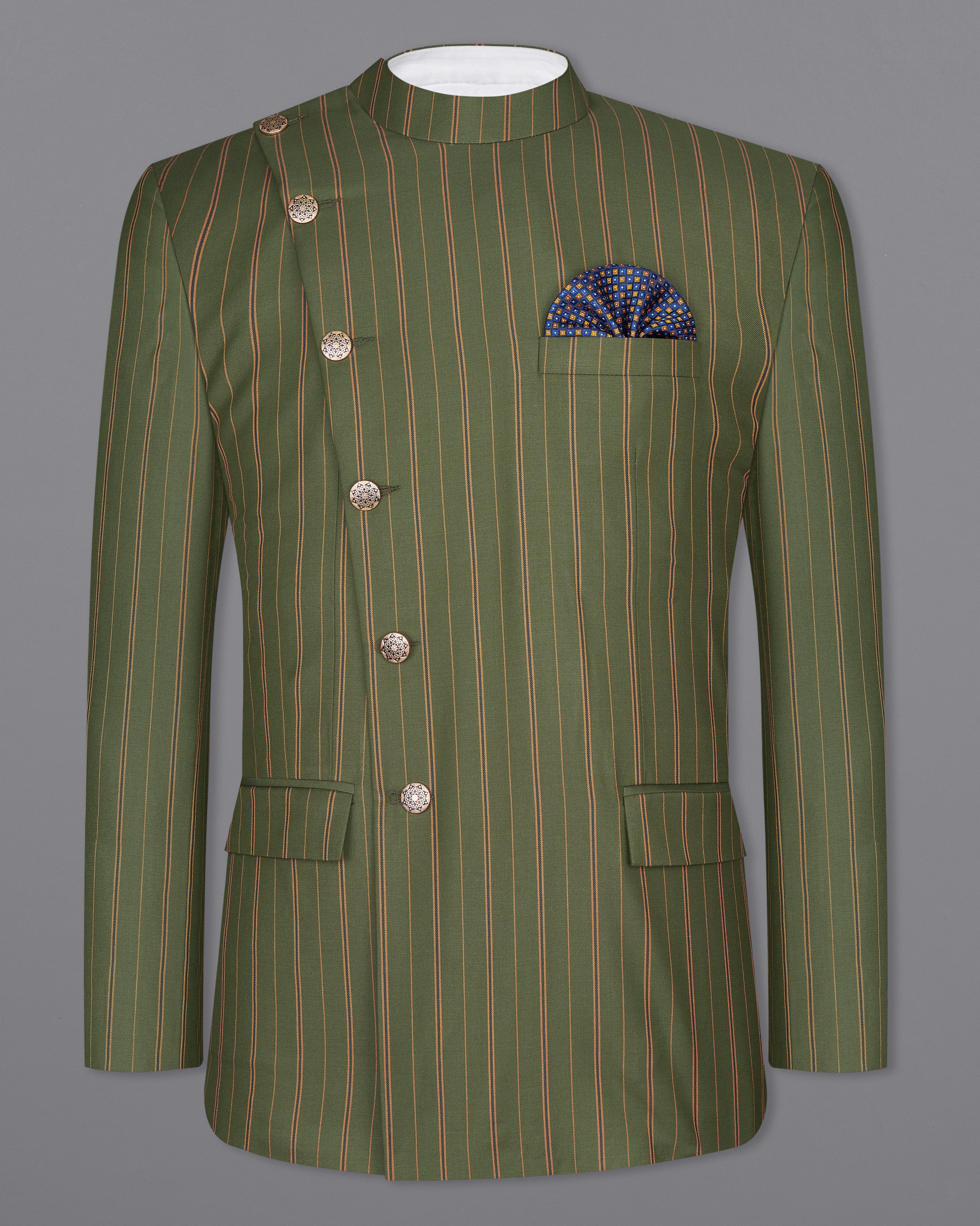 Vampire Green Striped Cross Buttoned Bandhgala Blazer BL2248-CBG2-36, BL2248-CBG2-38, BL2248-CBG2-40, BL2248-CBG2-42, BL2248-CBG2-44, BL2248-CBG2-46, BL2248-CBG2-48, BL2248-CBG2-50, BL2248-CBG2-52, BL2248-CBG2-54, BL2248-CBG2-56, BL2248-CBG2-58, BL2248-CBG2-60