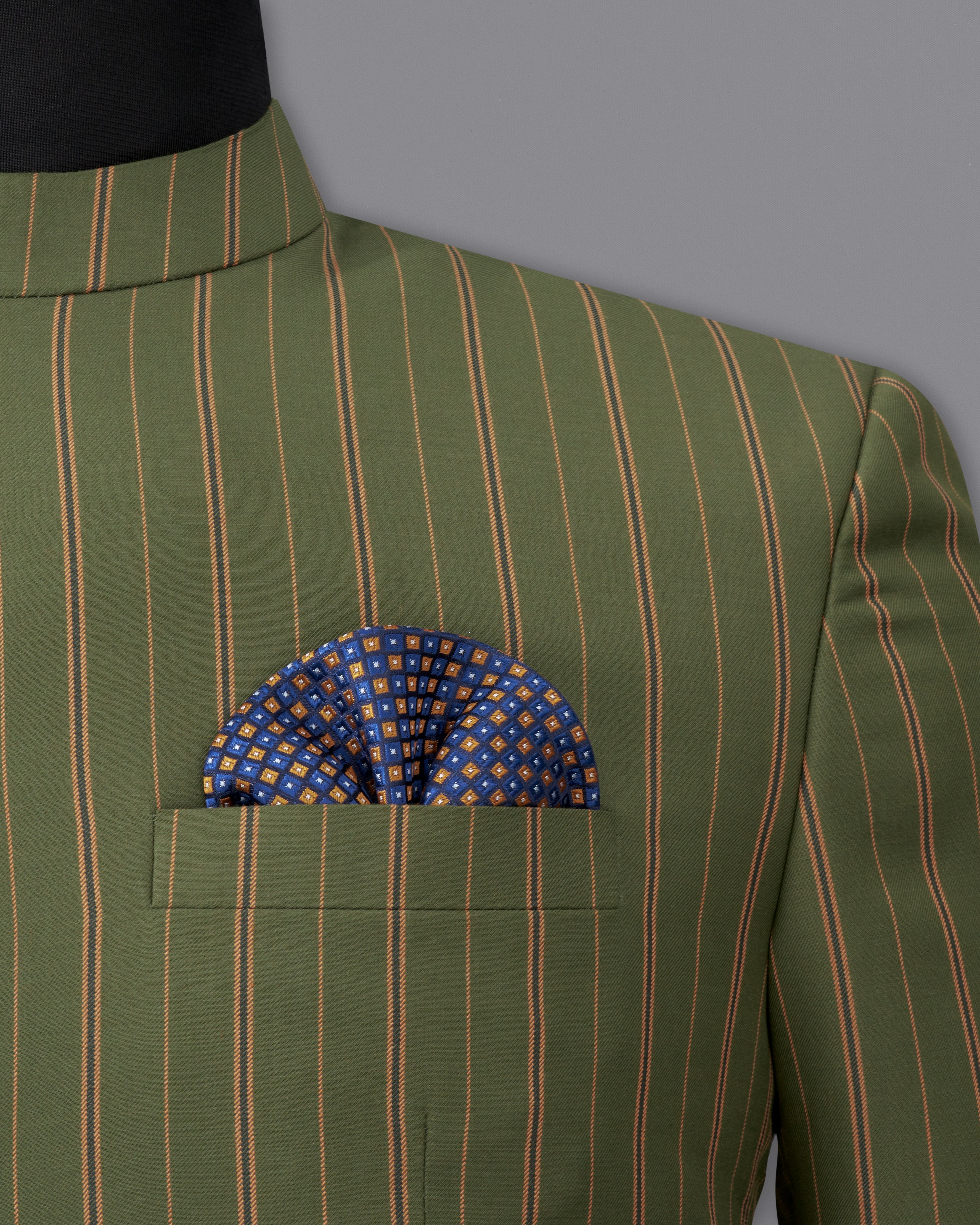 Vampire Green Striped Cross Buttoned Bandhgala Blazer BL2248-CBG2-36, BL2248-CBG2-38, BL2248-CBG2-40, BL2248-CBG2-42, BL2248-CBG2-44, BL2248-CBG2-46, BL2248-CBG2-48, BL2248-CBG2-50, BL2248-CBG2-52, BL2248-CBG2-54, BL2248-CBG2-56, BL2248-CBG2-58, BL2248-CBG2-60