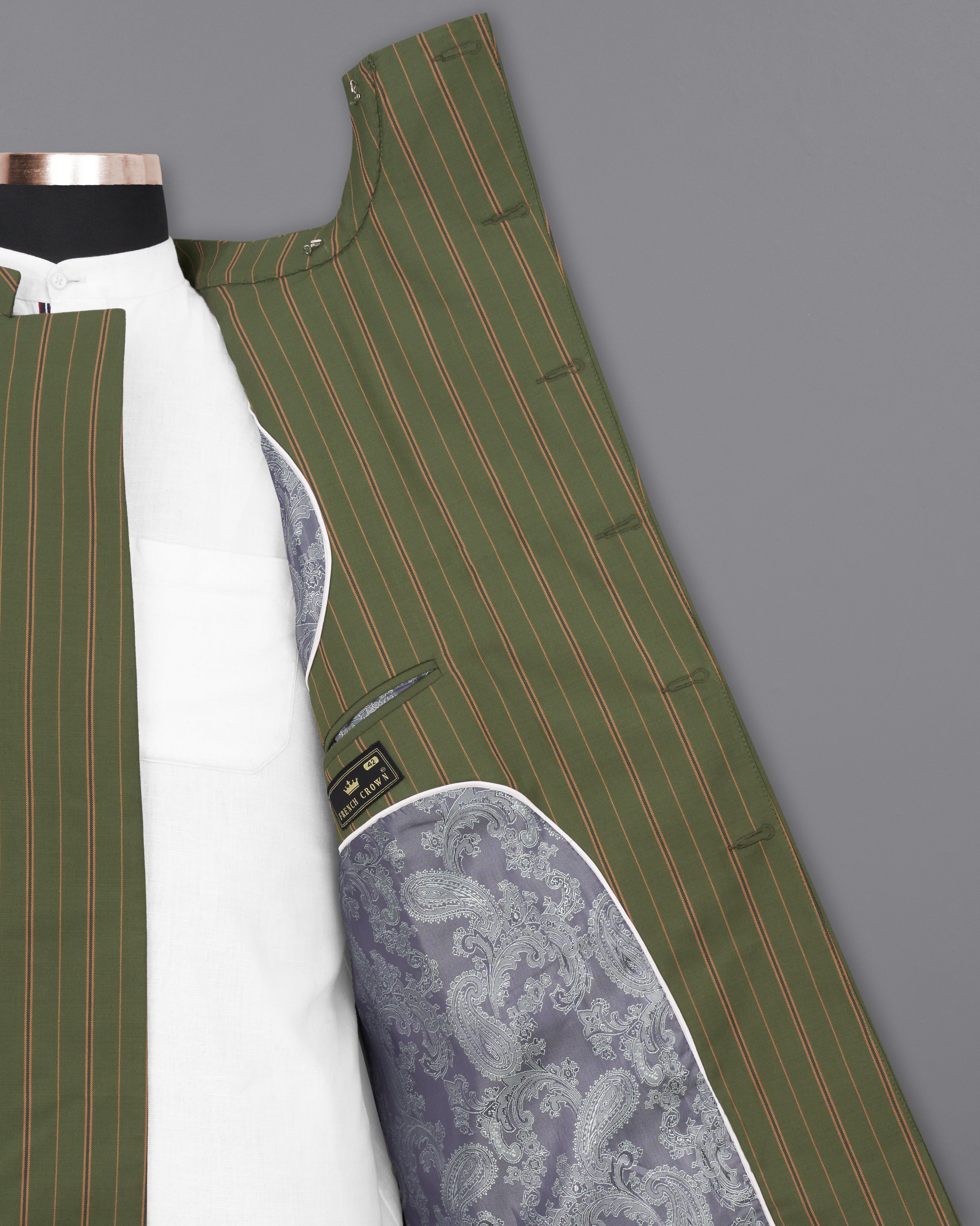 Vampire Green Striped Cross Buttoned Bandhgala Blazer BL2248-CBG2-36, BL2248-CBG2-38, BL2248-CBG2-40, BL2248-CBG2-42, BL2248-CBG2-44, BL2248-CBG2-46, BL2248-CBG2-48, BL2248-CBG2-50, BL2248-CBG2-52, BL2248-CBG2-54, BL2248-CBG2-56, BL2248-CBG2-58, BL2248-CBG2-60