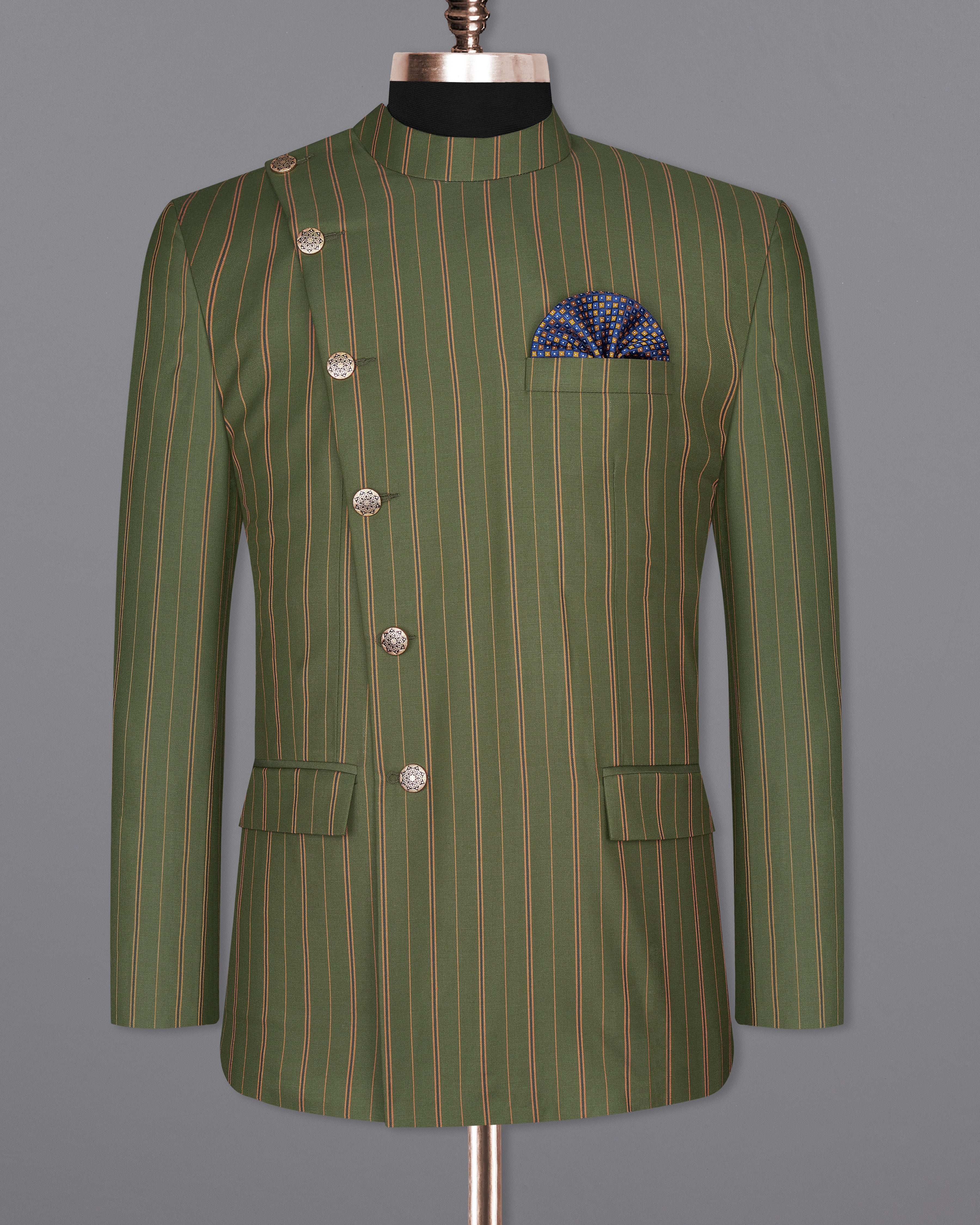 Vampire Green Striped Cross Buttoned Bandhgala Blazer BL2248-CBG2-36, BL2248-CBG2-38, BL2248-CBG2-40, BL2248-CBG2-42, BL2248-CBG2-44, BL2248-CBG2-46, BL2248-CBG2-48, BL2248-CBG2-50, BL2248-CBG2-52, BL2248-CBG2-54, BL2248-CBG2-56, BL2248-CBG2-58, BL2248-CBG2-60