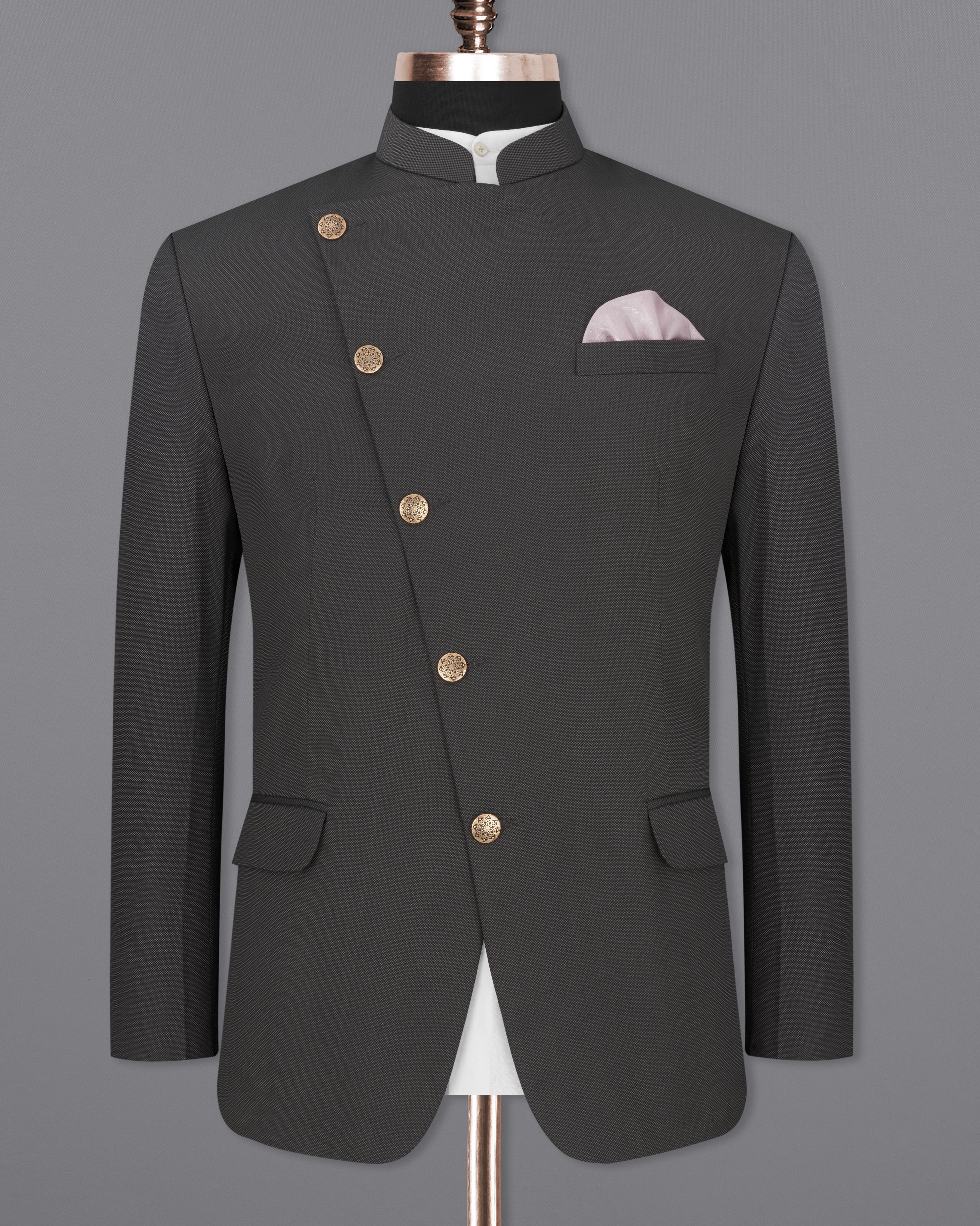 Fuscous Gray Cross Buttoned Bandhgala Blazer BL2284-CBG-36,BL2284-CBG-38,BL2284-CBG-40,BL2284-CBG-42,BL2284-CBG-44,BL2284-CBG-46,BL2284-CBG-48,BL2284-CBG-50,BL2284-CBG-52,BL2284-CBG-54,BL2284-CBG-56,BL2284-CBG-58,BL2284-CBG-60