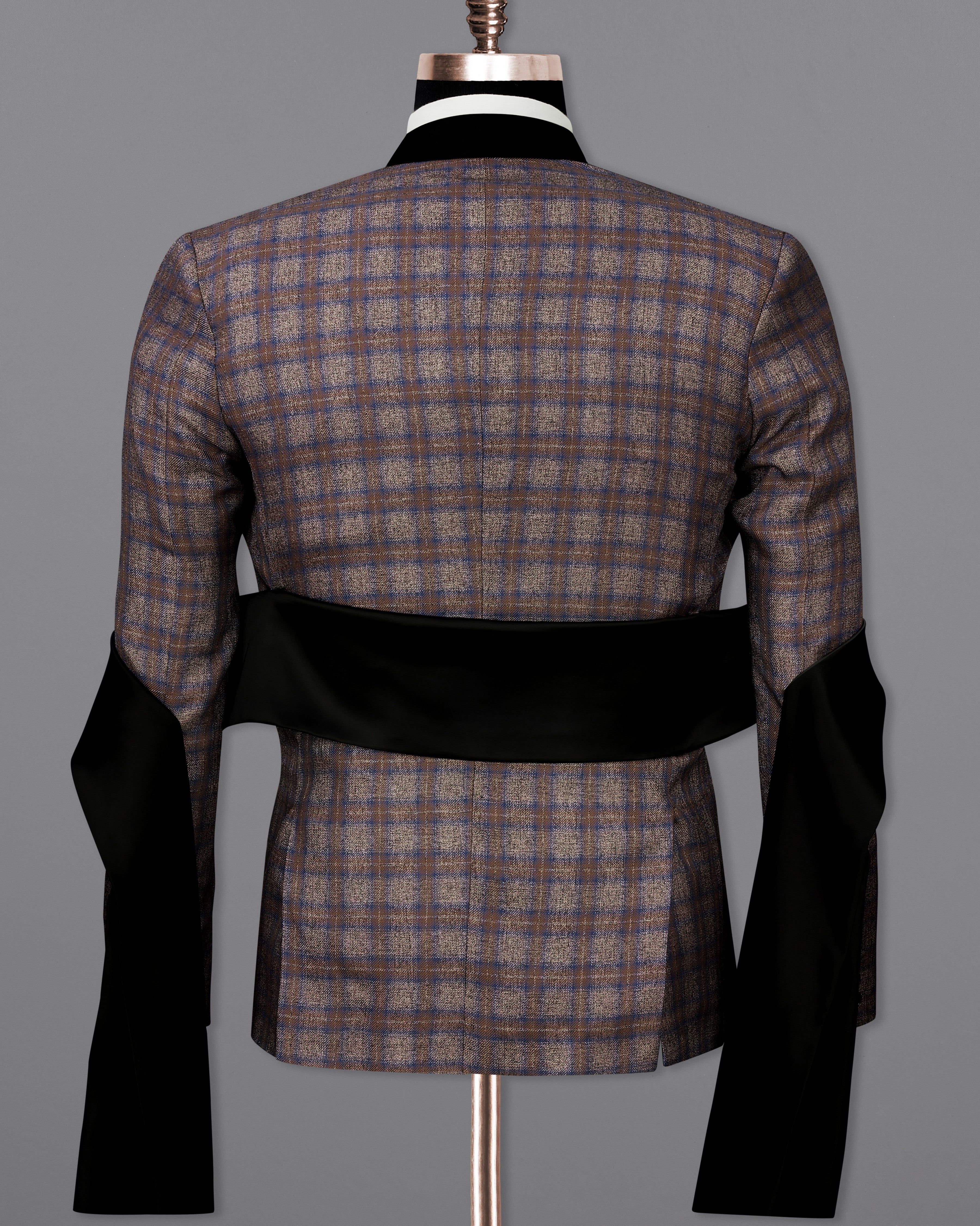 Hurricane Brown Plaid Tuxedo Designer Blazer with Shawl BL2336-BKL-D241-36, BL2336-BKL-D241-38, BL2336-BKL-D241-40, BL2336-BKL-D241-42, BL2336-BKL-D241-44, BL2336-BKL-D241-46, BL2336-BKL-D241-48, BL2336-BKL-D241-50, BL2336-BKL-D241-52, BL2336-BKL-D241-54, BL2336-BKL-D241-56, BL2336-BKL-D241-58, BL2336-BKL-D241-60
