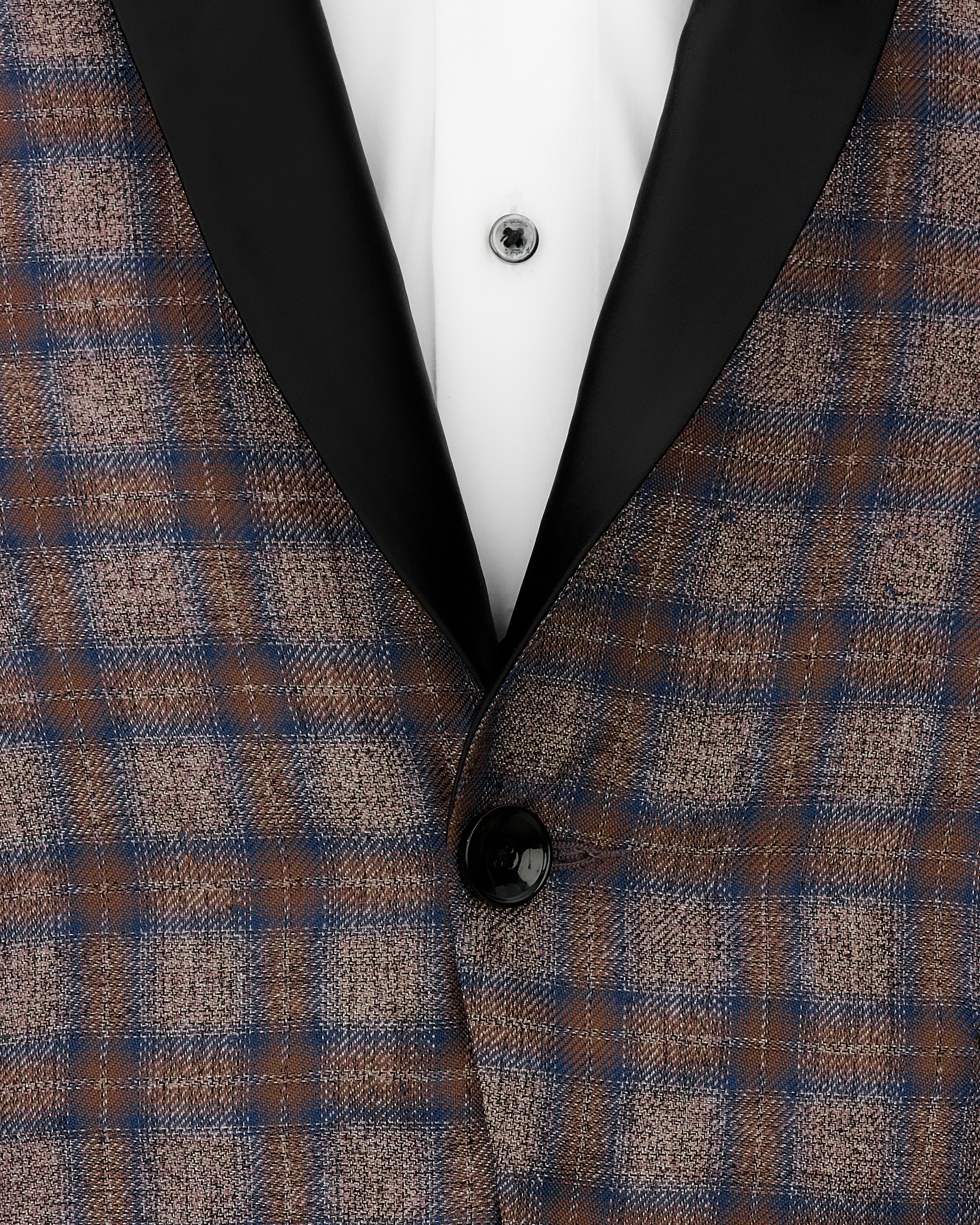 Hurricane Brown Plaid Tuxedo Designer Blazer with Shawl BL2336-BKL-D241-36, BL2336-BKL-D241-38, BL2336-BKL-D241-40, BL2336-BKL-D241-42, BL2336-BKL-D241-44, BL2336-BKL-D241-46, BL2336-BKL-D241-48, BL2336-BKL-D241-50, BL2336-BKL-D241-52, BL2336-BKL-D241-54, BL2336-BKL-D241-56, BL2336-BKL-D241-58, BL2336-BKL-D241-60