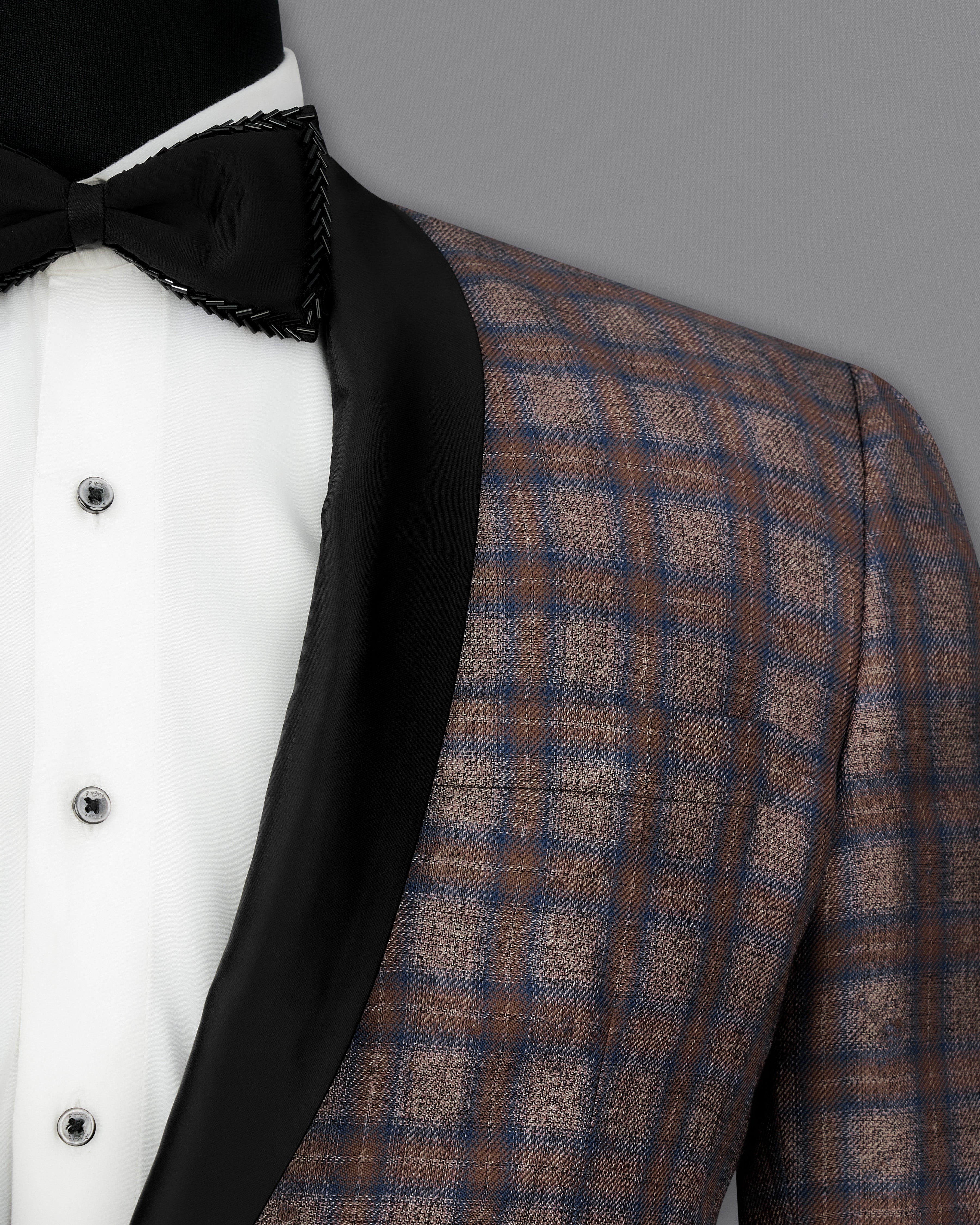 Hurricane Brown Plaid Tuxedo Designer Blazer with Shawl BL2336-BKL-D241-36, BL2336-BKL-D241-38, BL2336-BKL-D241-40, BL2336-BKL-D241-42, BL2336-BKL-D241-44, BL2336-BKL-D241-46, BL2336-BKL-D241-48, BL2336-BKL-D241-50, BL2336-BKL-D241-52, BL2336-BKL-D241-54, BL2336-BKL-D241-56, BL2336-BKL-D241-58, BL2336-BKL-D241-60