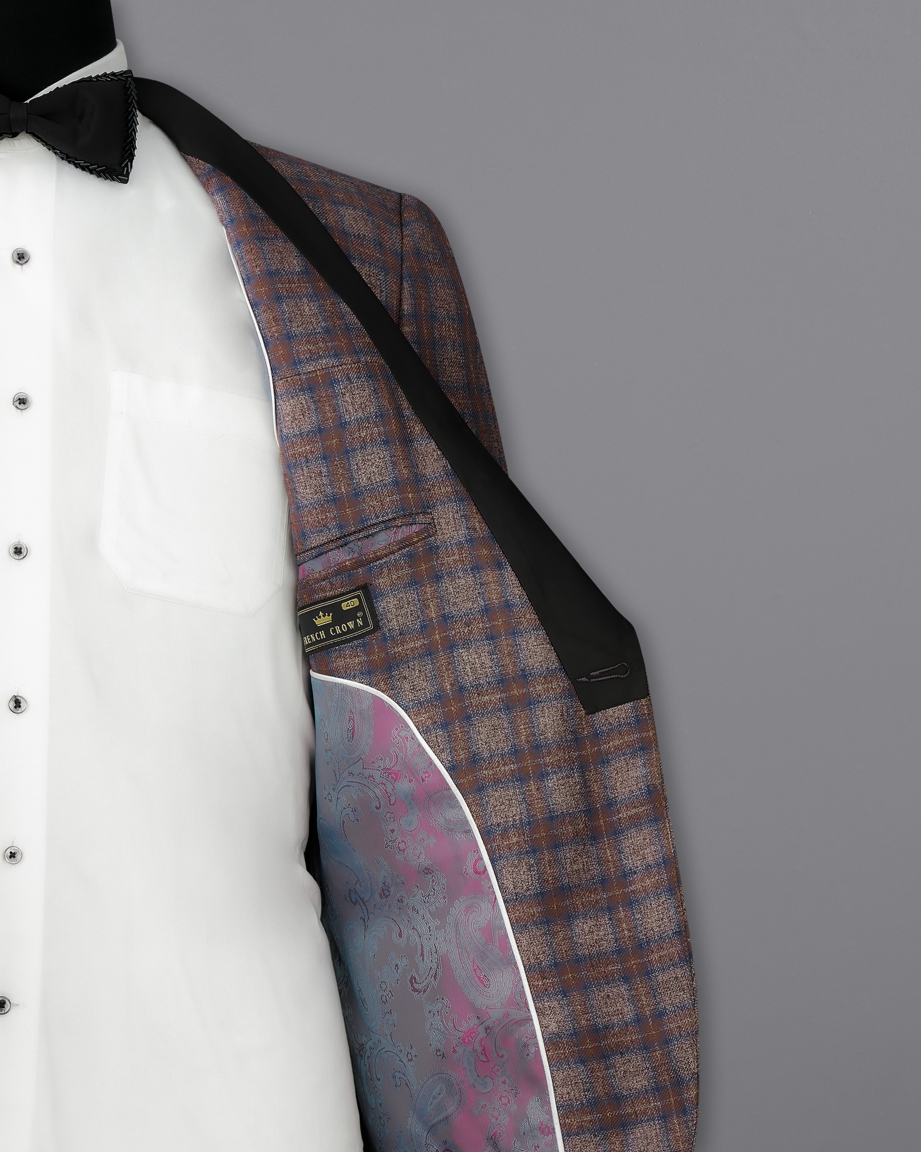 Hurricane Brown Plaid Tuxedo Designer Blazer with Shawl BL2336-BKL-D241-36, BL2336-BKL-D241-38, BL2336-BKL-D241-40, BL2336-BKL-D241-42, BL2336-BKL-D241-44, BL2336-BKL-D241-46, BL2336-BKL-D241-48, BL2336-BKL-D241-50, BL2336-BKL-D241-52, BL2336-BKL-D241-54, BL2336-BKL-D241-56, BL2336-BKL-D241-58, BL2336-BKL-D241-60