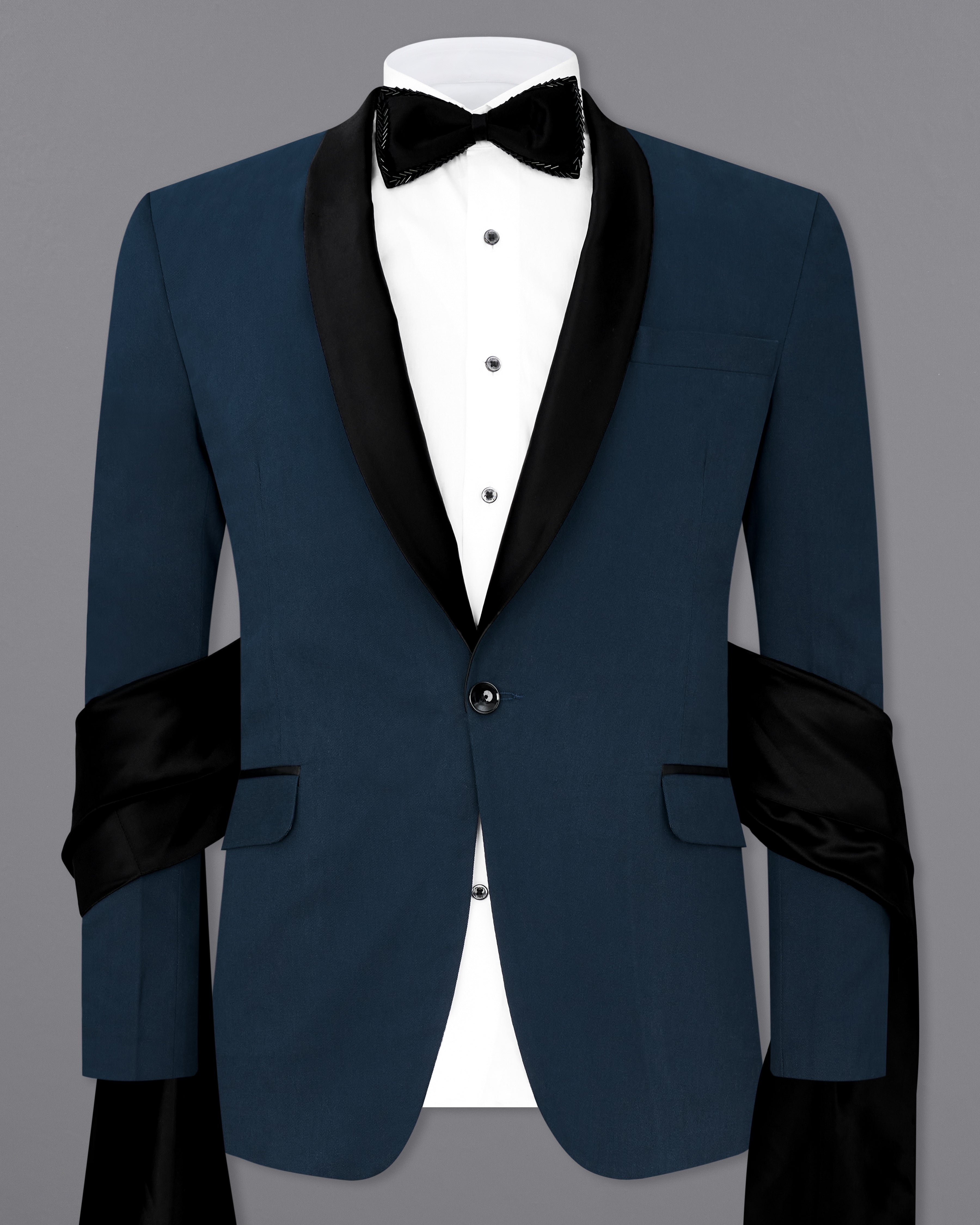 Big Stone Blue Premium Cotton Designer Tuxedo Blazer with Shawl BL2351-BKL-D241-36, BL2351-BKL-D241-38, BL2351-BKL-D241-40, BL2351-BKL-D241-42, BL2351-BKL-D241-44, BL2351-BKL-D241-46, BL2351-BKL-D241-48, BL2351-BKL-D241-50, BL2351-BKL-D241-52, BL2351-BKL-D241-54, BL2351-BKL-D241-56, BL2351-BKL-D241-58, BL2351-BKL-D241-60