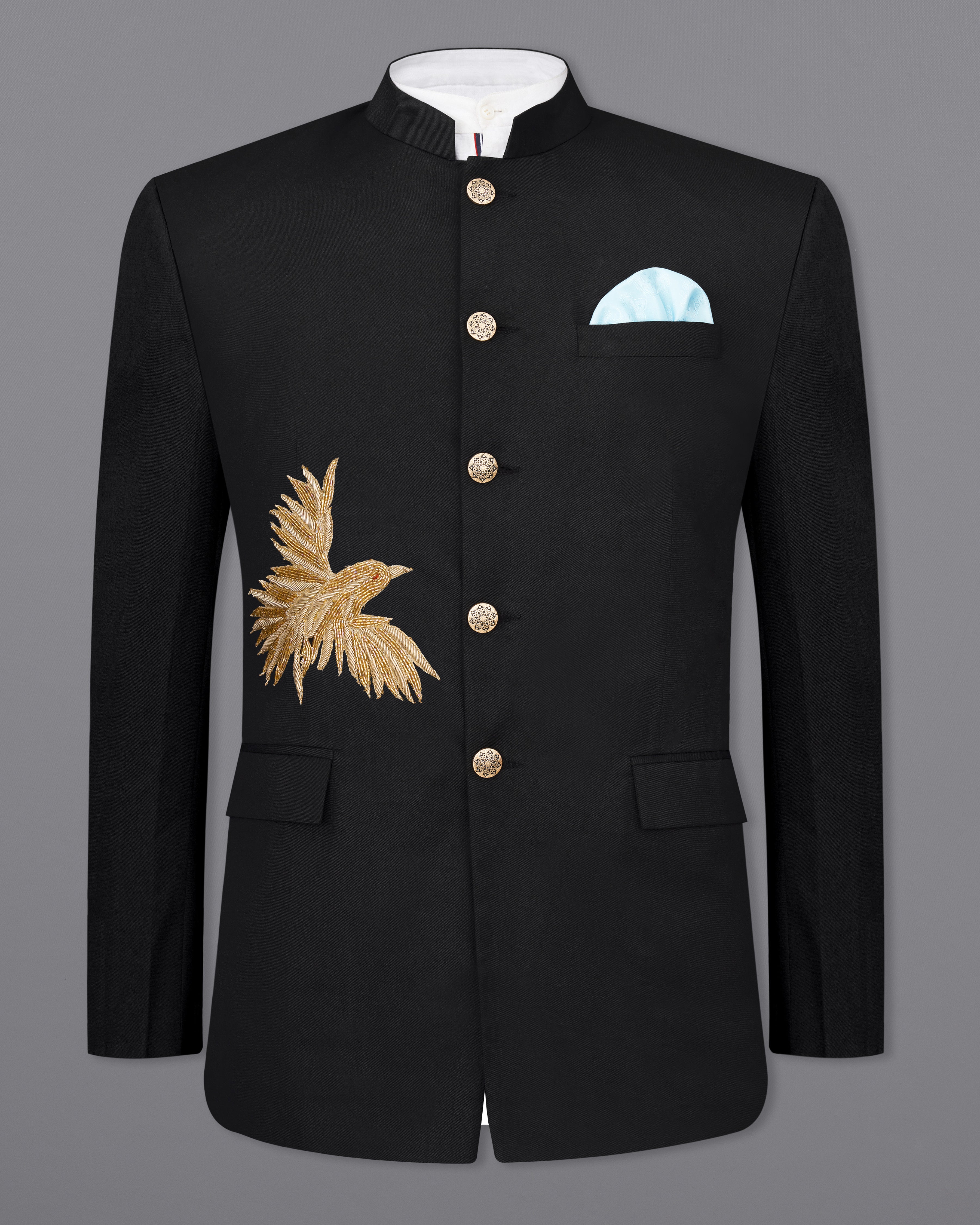 Jade Black with Camel Golden Bird Embroidered Bandhgala Designer Blazer