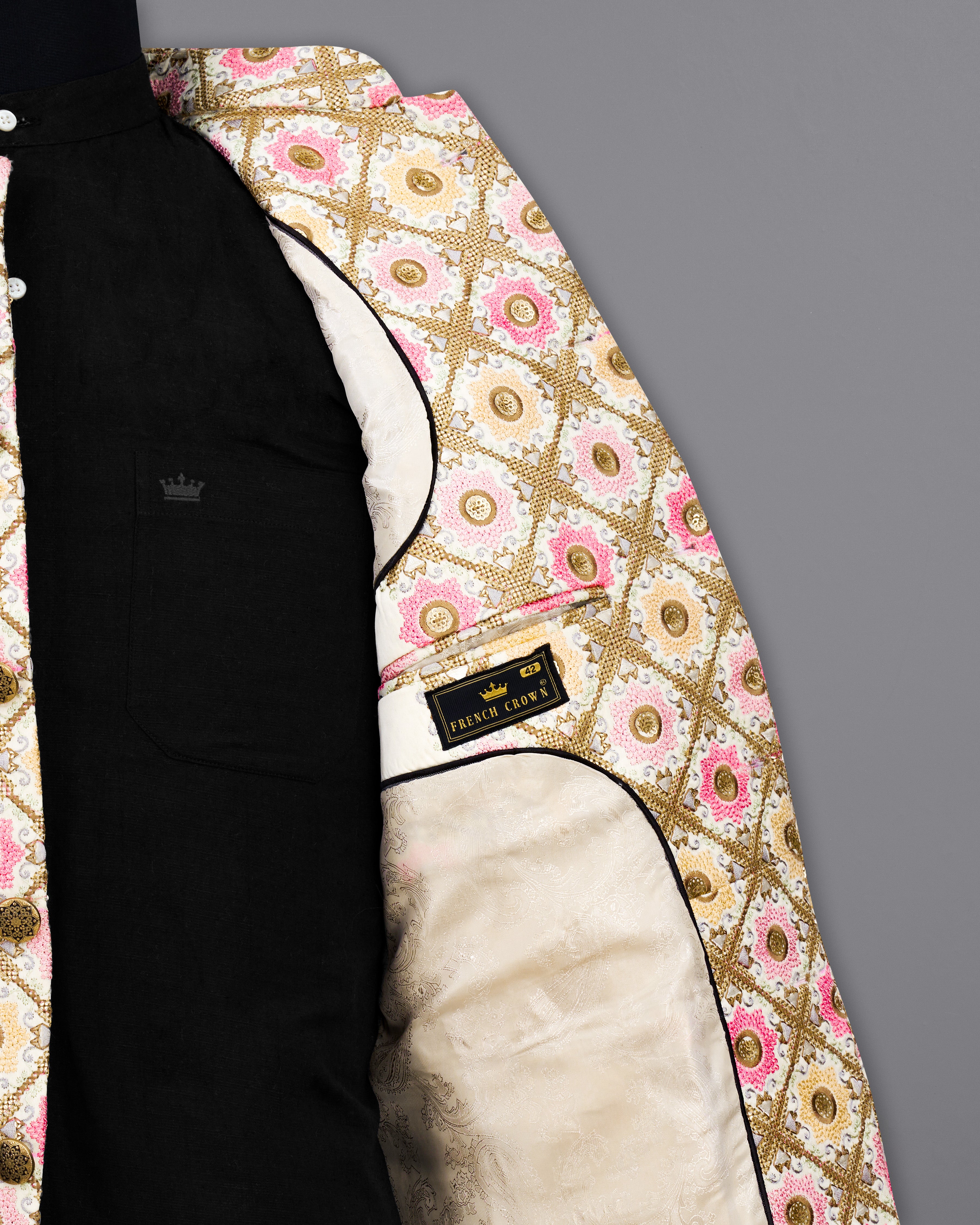 Fawn Brown with Muted Pink Cotton Thread Embroidered Bandhgala Blazer BL2410-BG-36, BL2410-BG-38, BL2410-BG-40, BL2410-BG-42, BL2410-BG-44, BL2410-BG-46, BL2410-BG-48, BL2410-BG-50, BL2410-BG-52, BL2410-BG-54, BL2410-BG-56, BL2410-BG-58, BL2410-BG-60