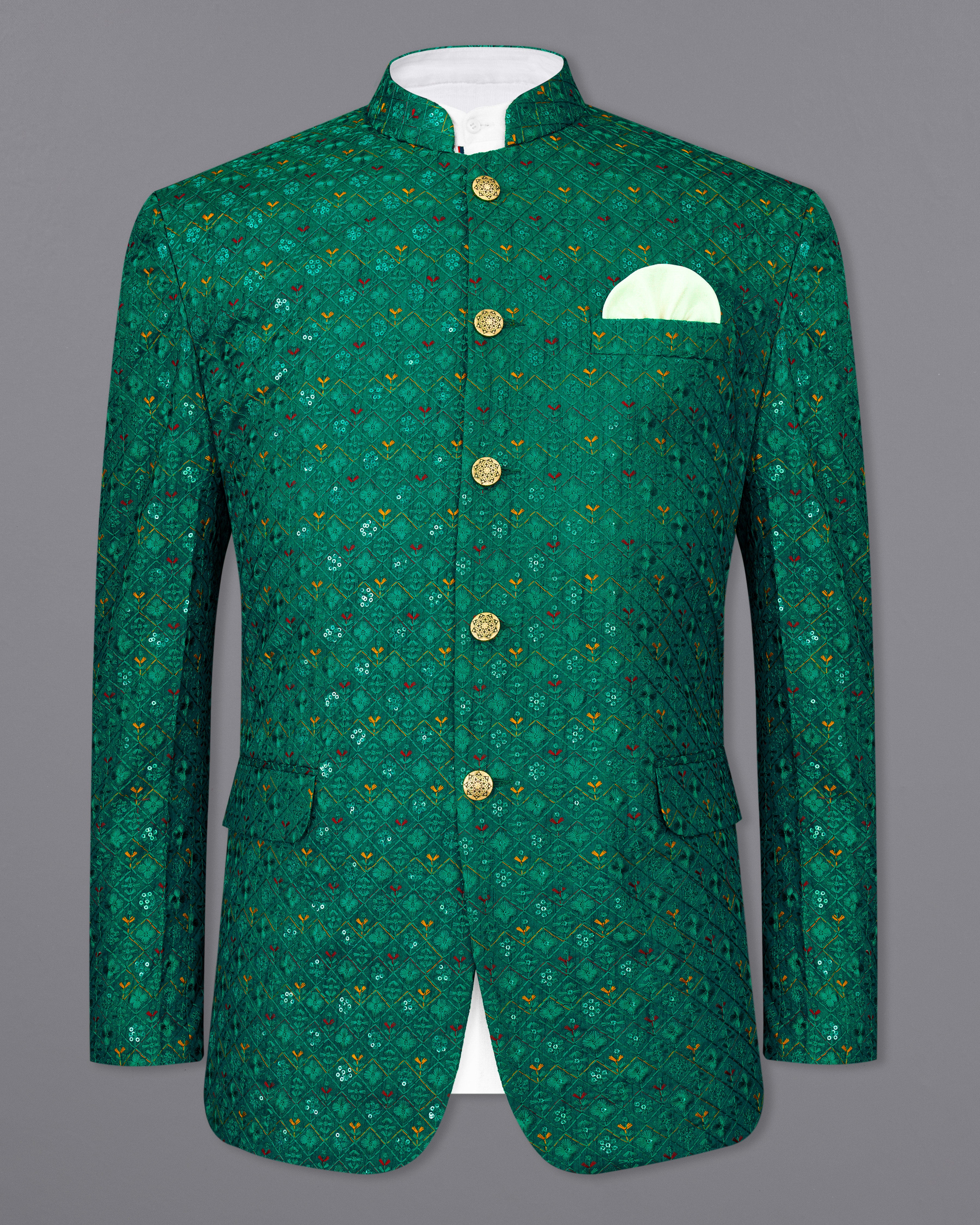 Jewel Green Cotton Thread Embroidered Bandhgala Blazer BL2412-BG-36, BL2412-BG-38, BL2412-BG-40, BL2412-BG-42, BL2412-BG-44, BL2412-BG-46, BL2412-BG-48, BL2412-BG-50, BL2412-BG-52, BL2412-BG-54, BL2412-BG-56, BL2412-BG-58, BL2412-BG-60