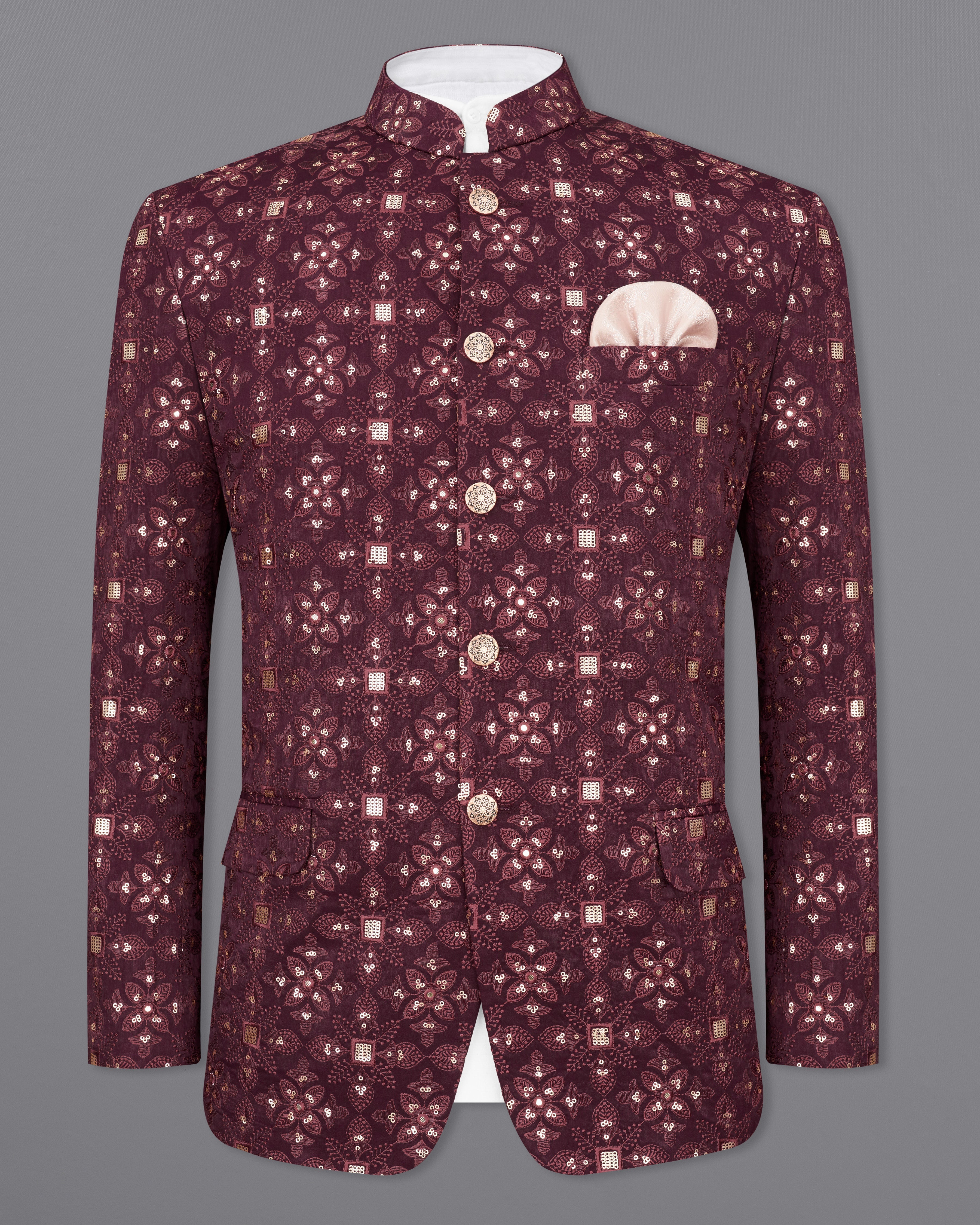 Cocoa Bean Maroon With Sequins Embroidered Bandhgala Blazer BL2415-BG-36,BL2415-BG-38,BL2415-BG-40,BL2415-BG-42,BL2415-BG-44,BL2415-BG-46,BL2415-BG-48,BL2415-BG-50,BL2415-BG-52,BL2415-BG-54,BL2415-BG-56,BL2415-BG-58,BL2415-BG-60
