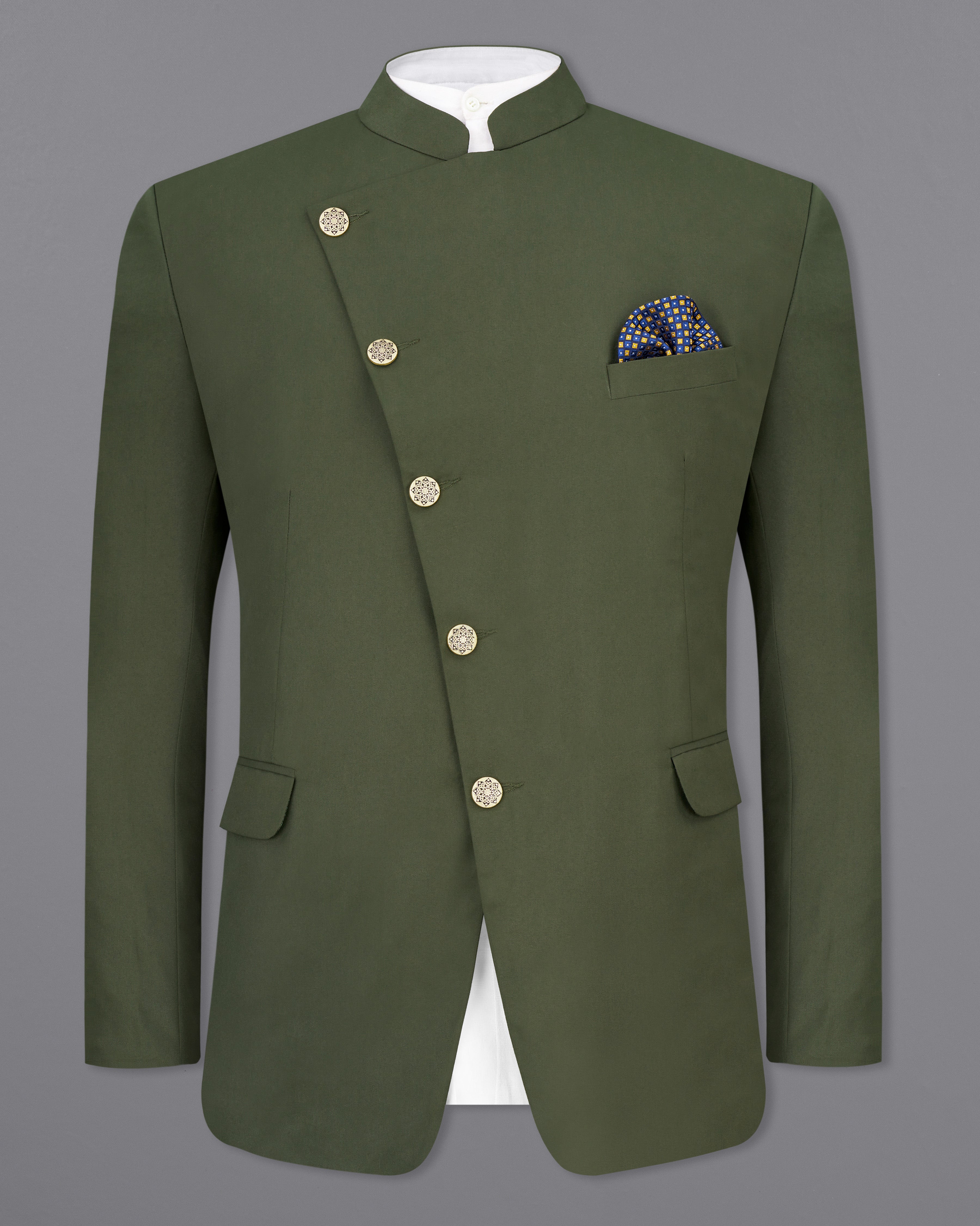 Twill Green Cross Buttoned Bandhgala Blazer BL2459-CBG-36, BL2459-CBG-38, BL2459-CBG-40, BL2459-CBG-42, BL2459-CBG-44, BL2459-CBG-46, BL2459-CBG-48, BL2459-CBG-50, BL2459-CBG-52, BL2459-CBG-54, BL2459-CBG-56, BL2459-CBG-58, BL2459-CBG-60