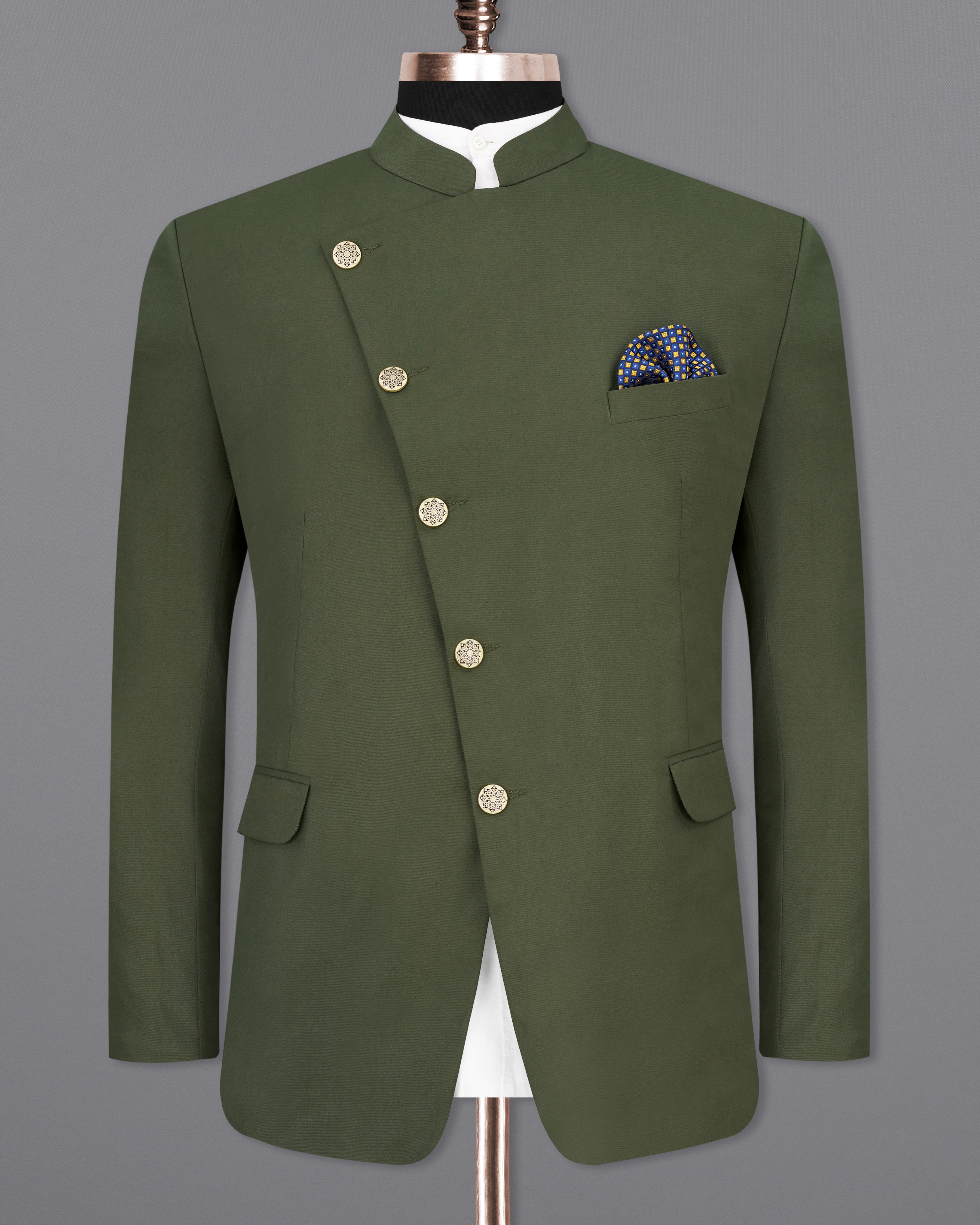Twill Green Cross Buttoned Bandhgala Blazer BL2459-CBG-36, BL2459-CBG-38, BL2459-CBG-40, BL2459-CBG-42, BL2459-CBG-44, BL2459-CBG-46, BL2459-CBG-48, BL2459-CBG-50, BL2459-CBG-52, BL2459-CBG-54, BL2459-CBG-56, BL2459-CBG-58, BL2459-CBG-60