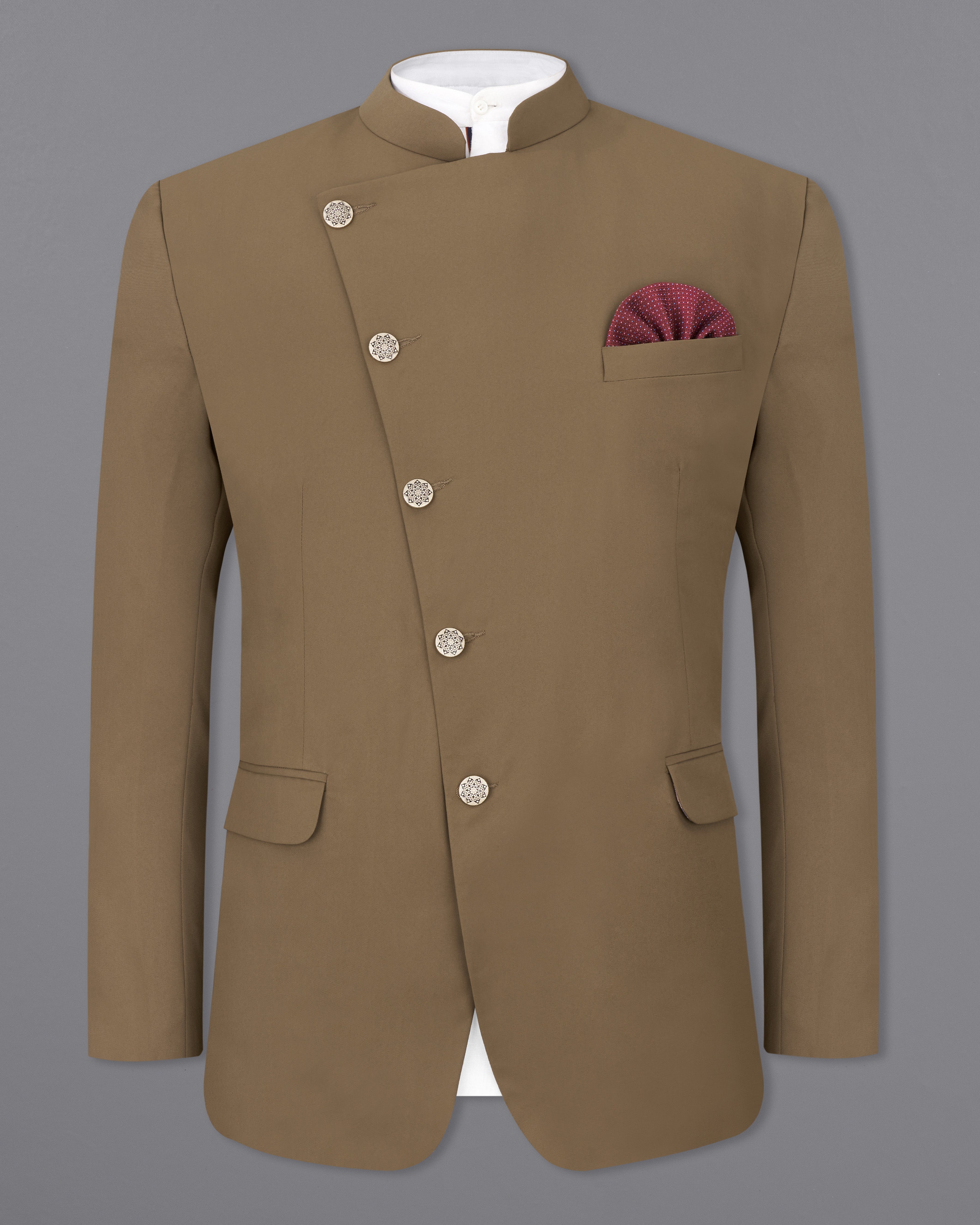 Khaki Brown Cross Buttoned Bandhgala Blazer BL2464-CBG-36, BL2464-CBG-38, BL2464-CBG-40, BL2464-CBG-42, BL2464-CBG-44, BL2464-CBG-46, BL2464-CBG-48, BL2464-CBG-50, BL2464-CBG-52, BL2464-CBG-54, BL2464-CBG-56, BL2464-CBG-58, BL2464-CBG-60