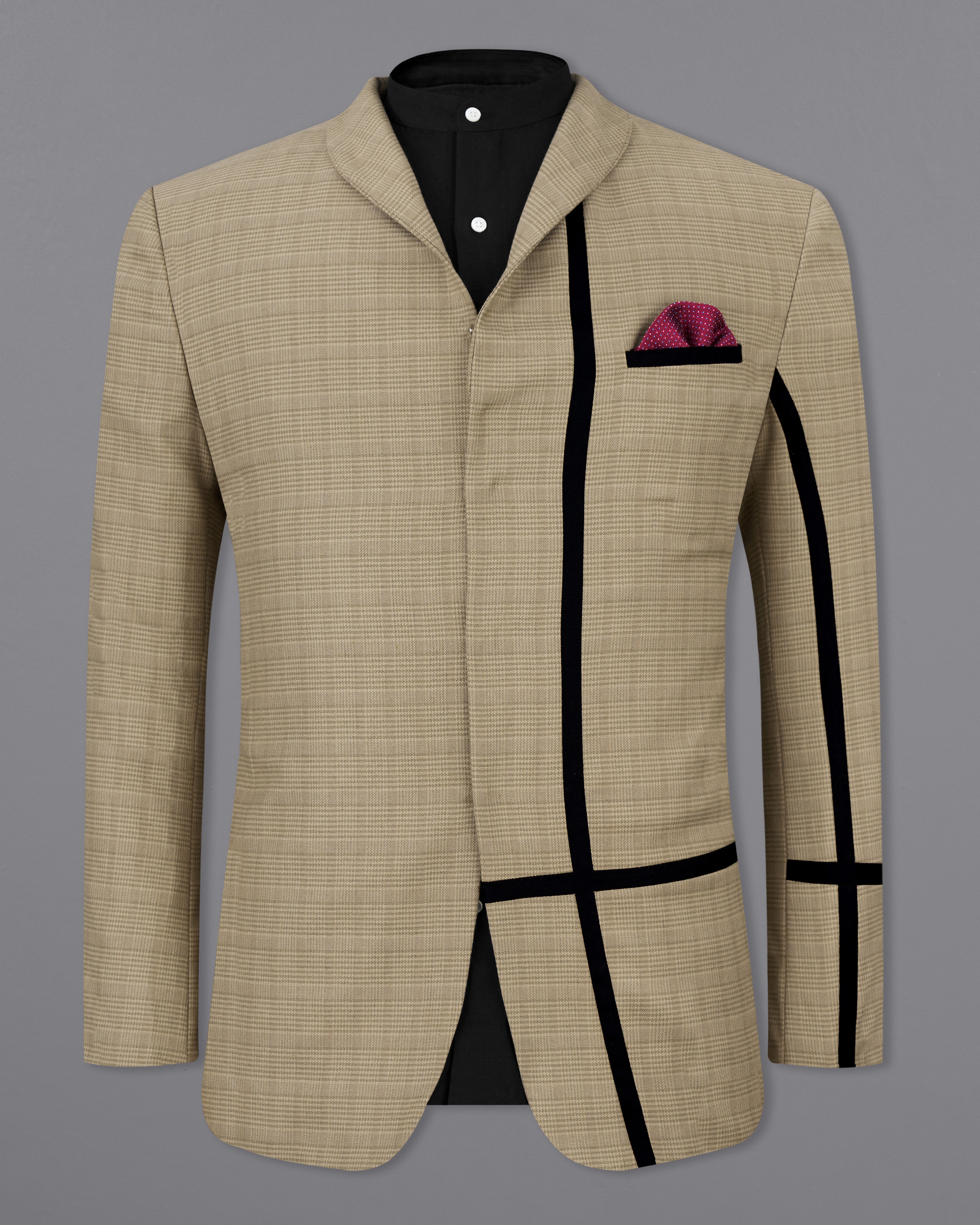 Pale Taupe Brown Plaid with Black Patchwork Wool Rich Blazer BL2511-D20-36, BL2511-D20-38, BL2511-D20-40, BL2511-D20-42, BL2511-D20-44, BL2511-D20-46, BL2511-D20-48, BL2511-D20-50, BL2511-D20-52, BL2511-D20-54, BL2511-D20-56, BL2511-D20-58, BL2511-D20-60