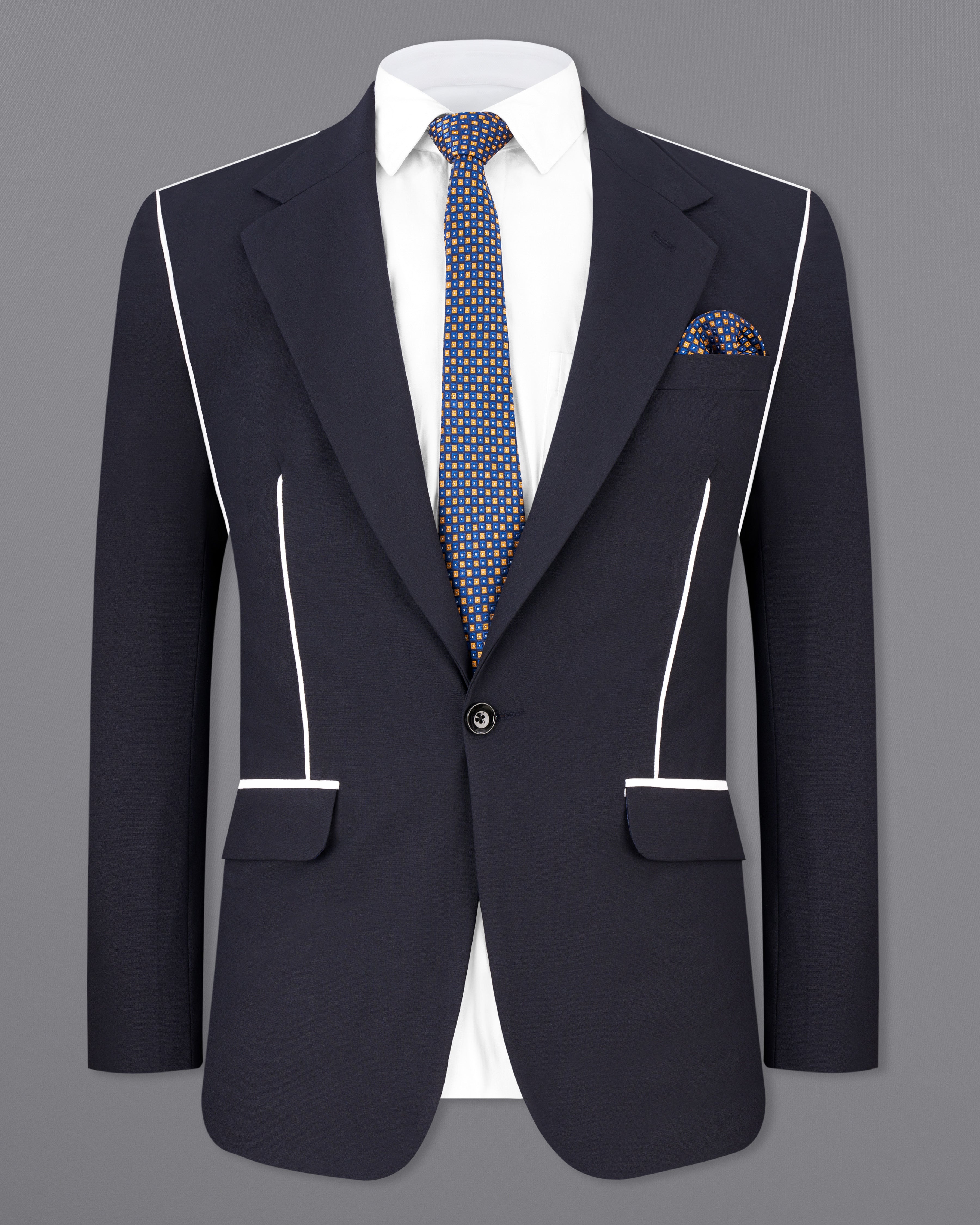 Thunder Blue with White Piping Work Single Breasted Designer Blazer BL2541-SB-D248-36, BL2541-SB-D248-38, BL2541-SB-D248-40, BL2541-SB-D248-42, BL2541-SB-D248-44, BL2541-SB-D248-46, BL2541-SB-D248-48, BL2541-SB-D248-50, BL2541-SB-D248-54, BL2541-SB-D248-54, BL2541-SB-D248-56, BL2541-SB-D248-58, BL2541-SB-D248-60