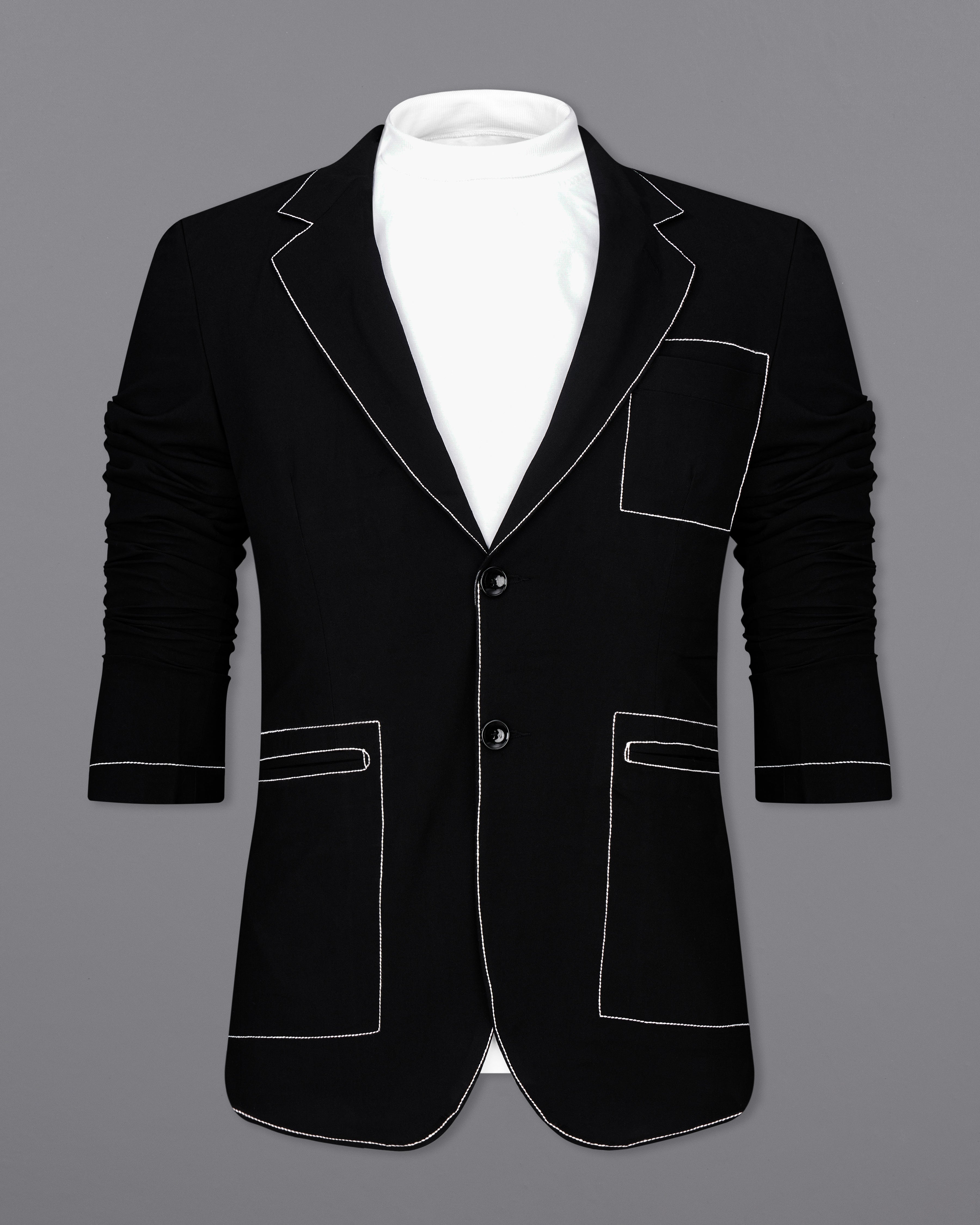 Jade Black with White Threadwork Designer Blazer BL2560-SB-D250-36, BL2560-SB-D250-38, BL2560-SB-D250-40, BL2560-SB-D250-42, BL2560-SB-D250-44, BL2560-SB-D250-46, BL2560-SB-D250-48, BL2560-SB-D250-50, BL2560-SB-D250-56, BL2560-SB-D250-54, BL2560-SB-D250-56, BL2560-SB-D250-58, BL2560-SB-D250-60
