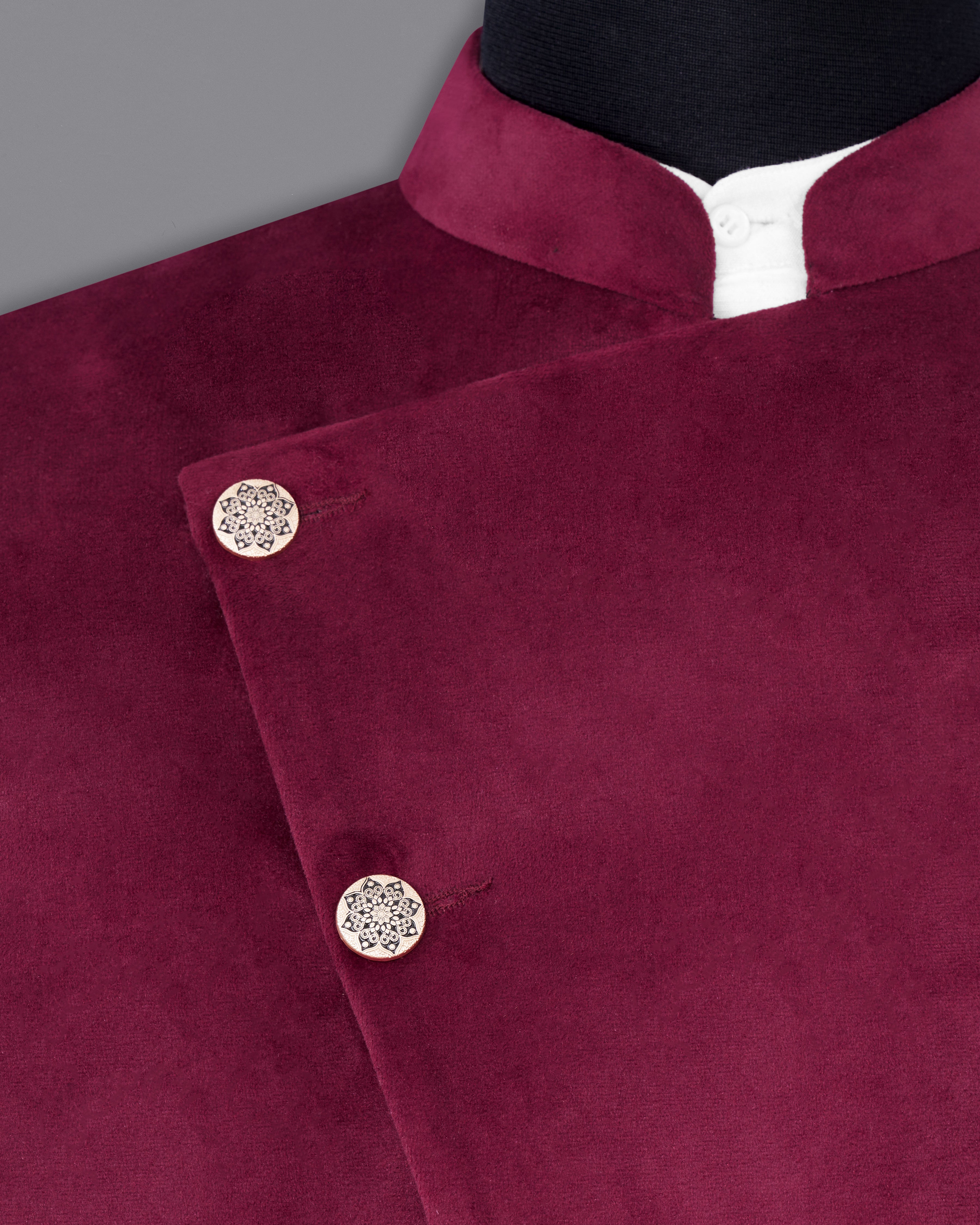 Barossa Maroon Cross Buttoned Bandhgala Velvet Blazer BL2587-CBG-36,BL2587-CBG-38,BL2587-CBG-40,BL2587-CBG-42,BL2587-CBG-44,BL2587-CBG-46,BL2587-CBG-48,BL2587-CBG-50,,BL2587-CBG-52,BL2587-CBG-54,BL2587-CBG-56,BL2587-CBG-58,BL2587-CBG-60