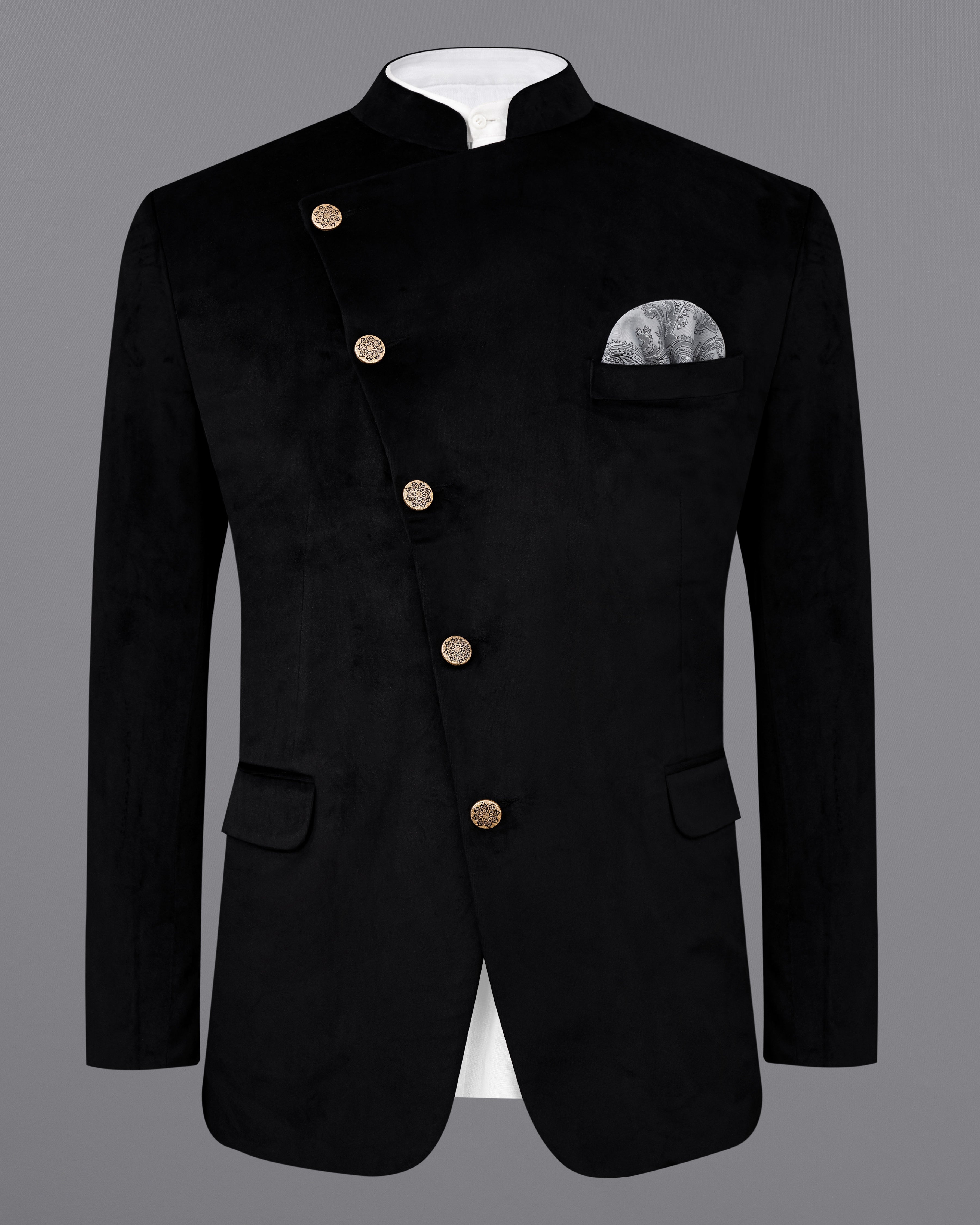 Jade Black Cross Buttoned Bandhgala Velvet Blazer BL2589-CBG-36,BL2589-CBG-38,BL2589-CBG-40,BL2589-CBG-42,BL2589-CBG-44,BL2589-CBG-46,BL2589-CBG-48,BL2589-CBG-50,,BL2589-CBG-52,BL2589-CBG-54,BL2589-CBG-56,BL2589-CBG-58,BL2589-CBG-60