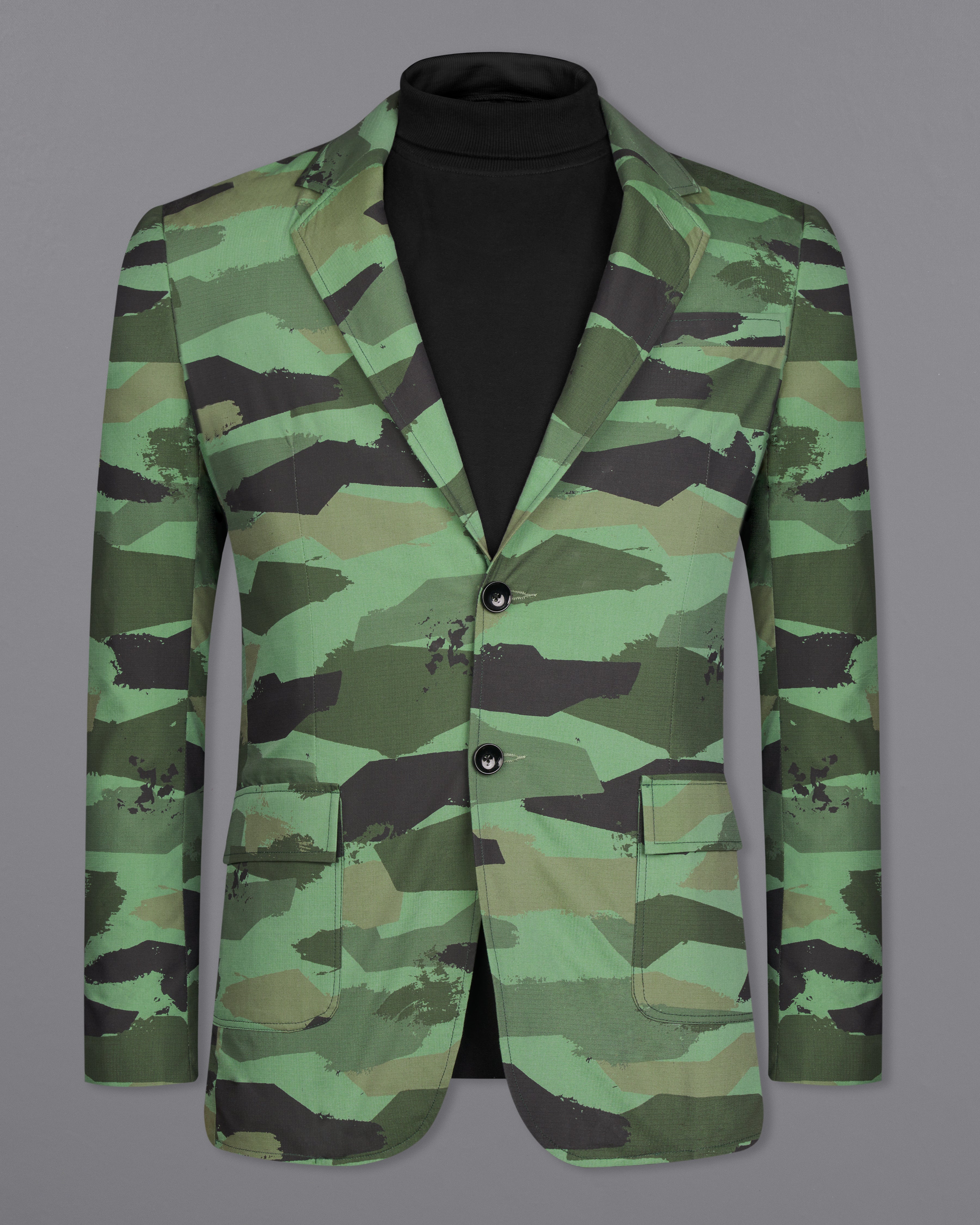 Lichen Green with Thunder Brown Camouflage Single Breasted Designer Blazer BL2616-SB-D110-36, BL2616-SB-D110-38, BL2616-SB-D110-40, BL2616-SB-D110-42, BL2616-SB-D110-44, BL2616-SB-D110-46, BL2616-SB-D110-48, BL2616-SB-D110-50, BL2616-SB-D110-52, BL2616-SB-D110-54, BL2616-SB-D110-56, BL2616-SB-D110-58, BL2616-SB-D110-60