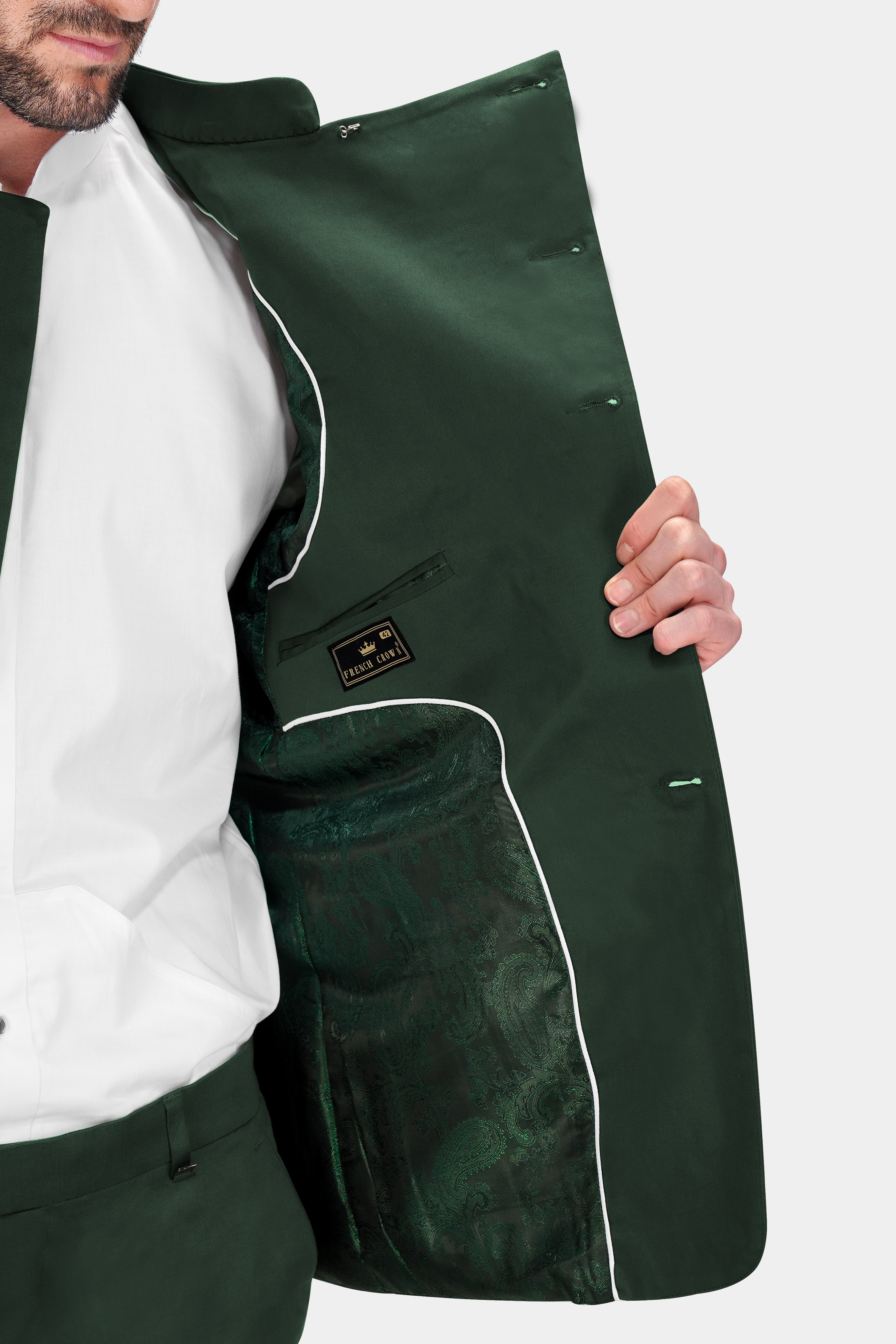 Heavy Metal Green Premium Cotton Cross Buttoned Bandhgala Stretchable Traveler Blazer BL2777-CBG-36, BL2777-CBG-38, BL2777-CBG-40, BL2777-CBG-42, BL2777-CBG-44, BL2777-CBG-46, BL2777-CBG-48, BL2777-CBG-50, BL2777-CBG-52, BL2777-CBG-54, BL2777-CBG-56, BL2777-CBG-58, BL2777-CBG-60