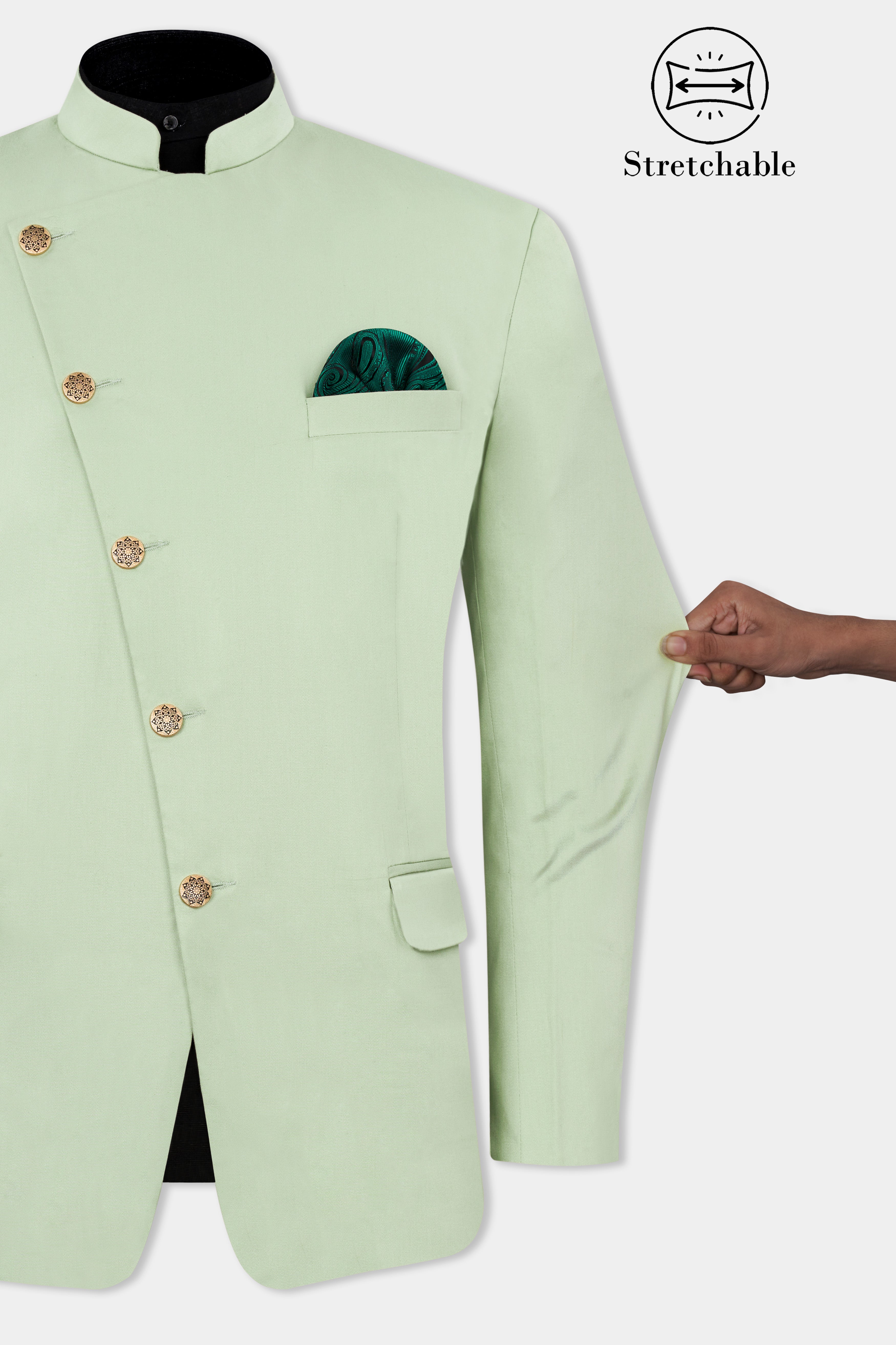 Coriander Green Premium Cotton Cross Buttoned Bandhgala Stretchable Traveler Blazer BL2797-CBG-36, BL2797-CBG-38, BL2797-CBG-40, BL2797-CBG-42, BL2797-CBG-44, BL2797-CBG-46, BL2797-CBG-48, BL2797-CBG-50, BL2797-CBG-52, BL2797-CBG-54, BL2797-CBG-56, BL2797-CBG-58, BL2797-CBG-60