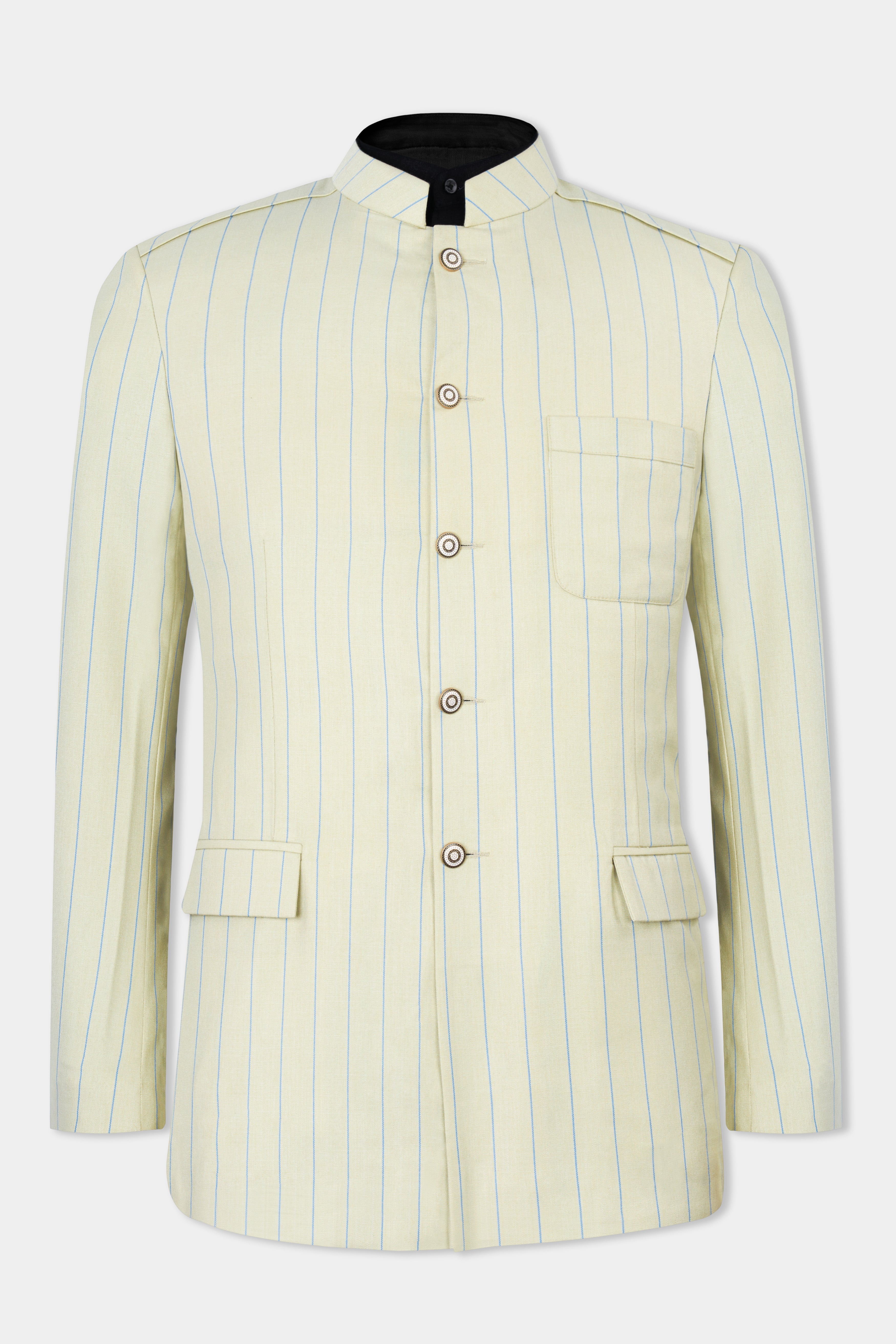 Ivory Cream with Celestial Blue Striped Wool Rich Bandhgala Blazer BL2877-BG-D430-36, BL2877-BG-D430-38, BL2877-BG-D430-40, BL2877-BG-D430-42, BL2877-BG-D430-44, BL2877-BG-D430-46, BL2877-BG-D430-48, BL2877-BG-D430-50, BL2877-BG-D430-77-BG, BL2877-BG-D430-54, BL2877-BG-D430-56, BL2877-BG-D430-58, BL2877-BG-D430-60