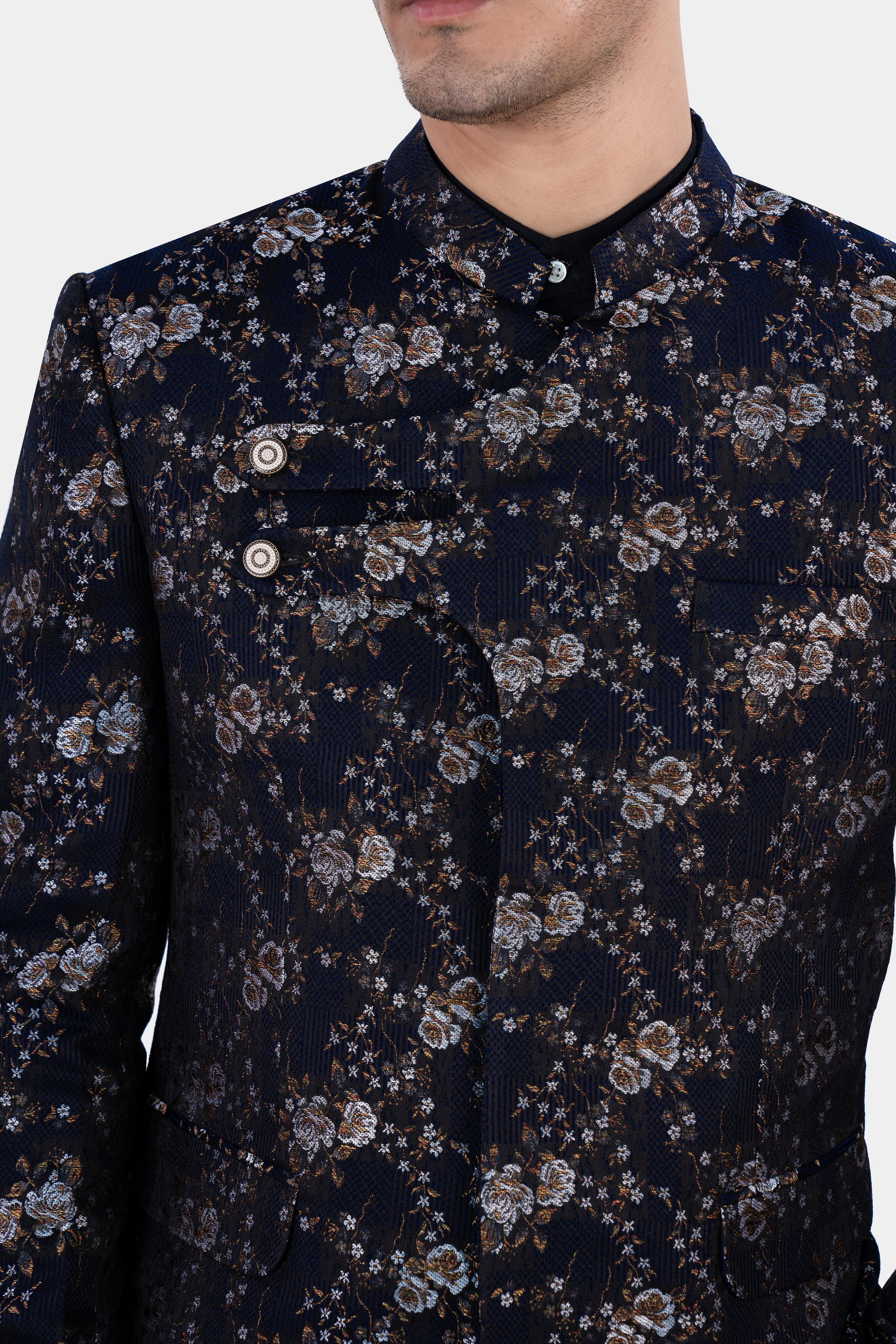 Cove Blue and Sepia Brown Floral Jacquard Textured Premium Giza Cotton Bandhgala Designer Blazer BL2879-D393-36, BL2879-D393-38, BL2879-D393-40, BL2879-D393-42, BL2879-D393-44, BL2879-D393-46, BL2879-D393-48, BL2879-D393-50, BL2879-D393-79, BL2879-D393-54, BL2879-D393-56, BL2879-D393-58, BL2879-D393-60