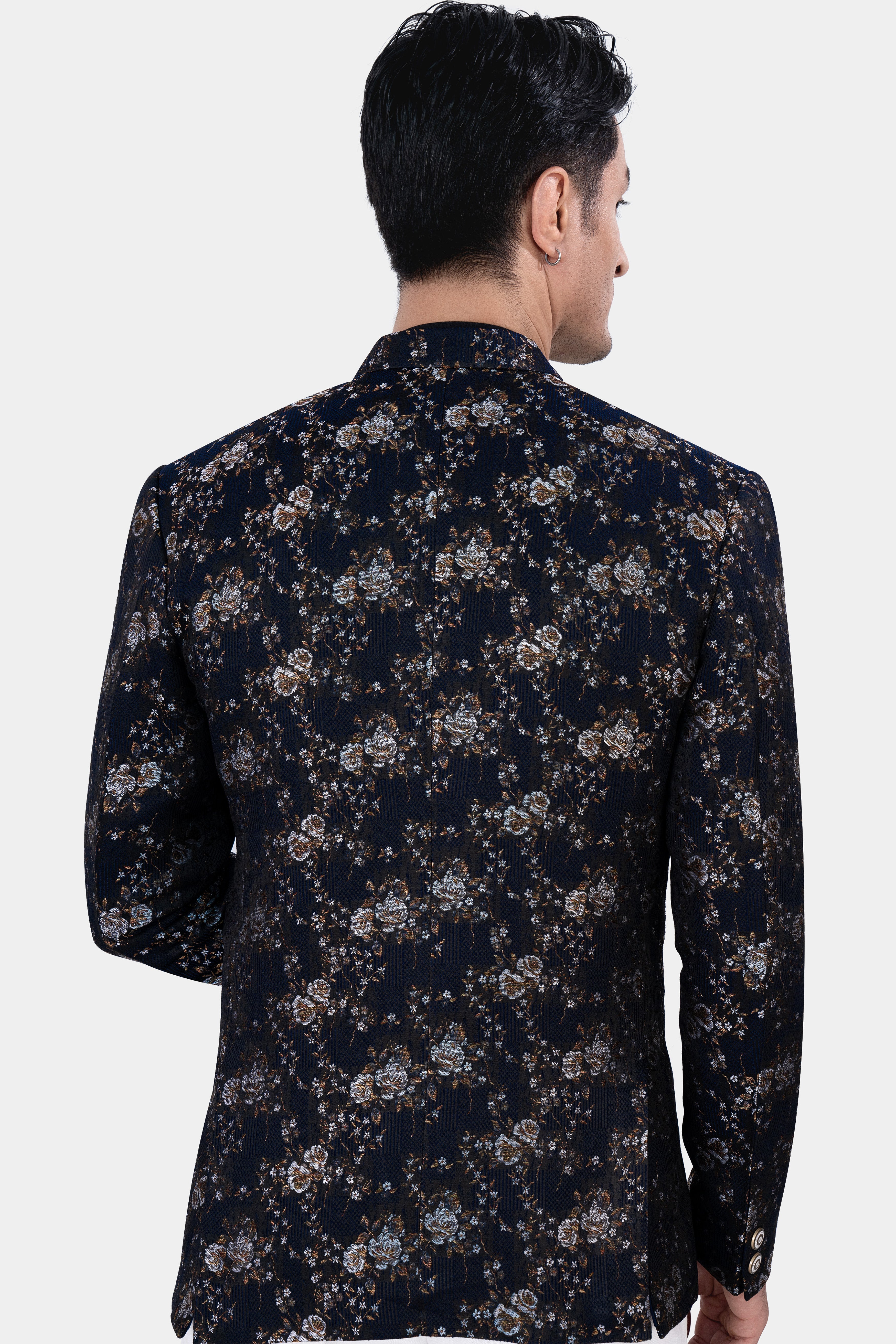Cove Blue and Sepia Brown Floral Jacquard Textured Premium Giza Cotton Bandhgala Designer Blazer BL2879-D393-36, BL2879-D393-38, BL2879-D393-40, BL2879-D393-42, BL2879-D393-44, BL2879-D393-46, BL2879-D393-48, BL2879-D393-50, BL2879-D393-79, BL2879-D393-54, BL2879-D393-56, BL2879-D393-58, BL2879-D393-60