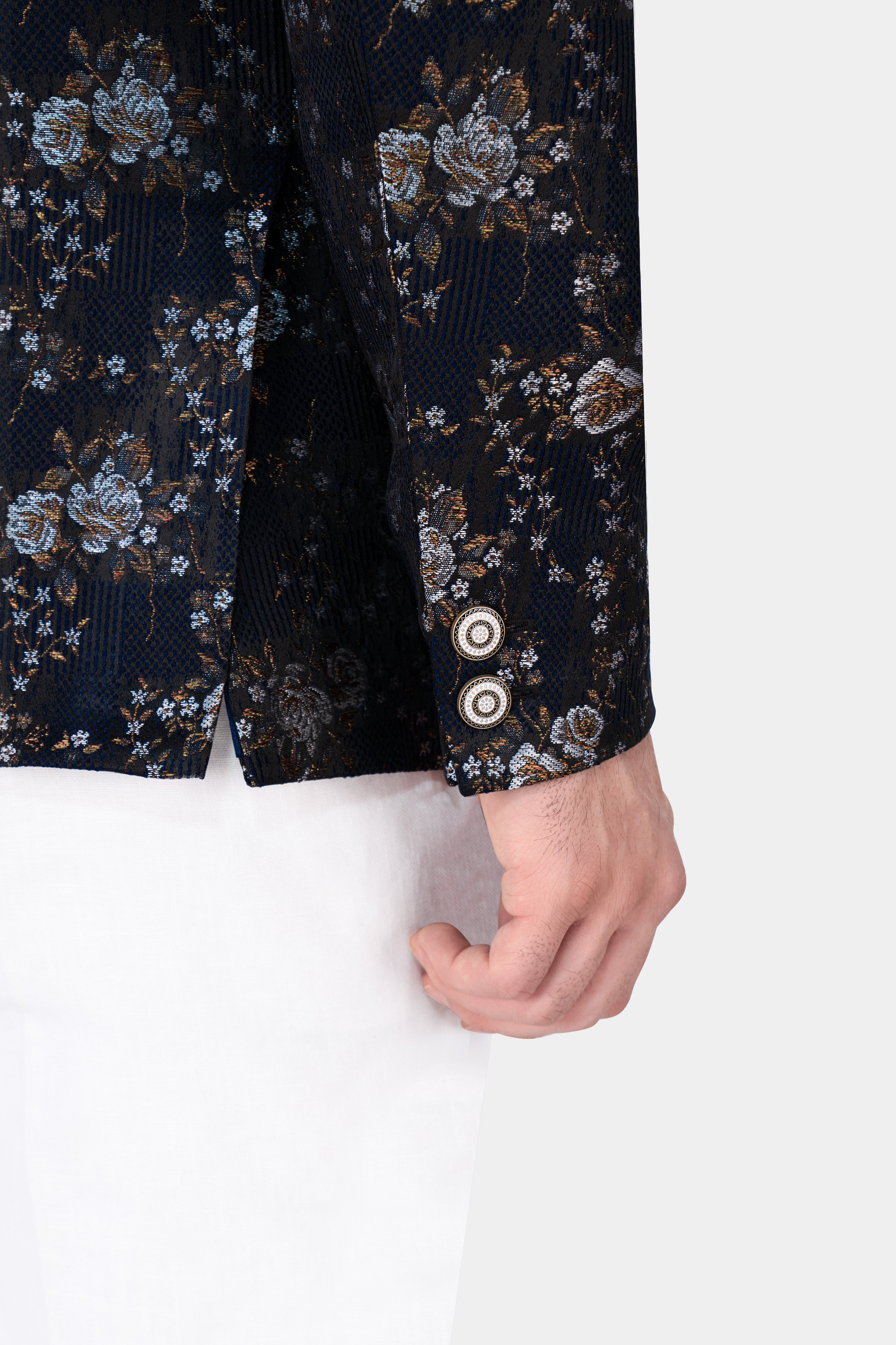Cove Blue and Sepia Brown Floral Jacquard Textured Premium Giza Cotton Bandhgala Designer Blazer BL2879-D393-36, BL2879-D393-38, BL2879-D393-40, BL2879-D393-42, BL2879-D393-44, BL2879-D393-46, BL2879-D393-48, BL2879-D393-50, BL2879-D393-79, BL2879-D393-54, BL2879-D393-56, BL2879-D393-58, BL2879-D393-60