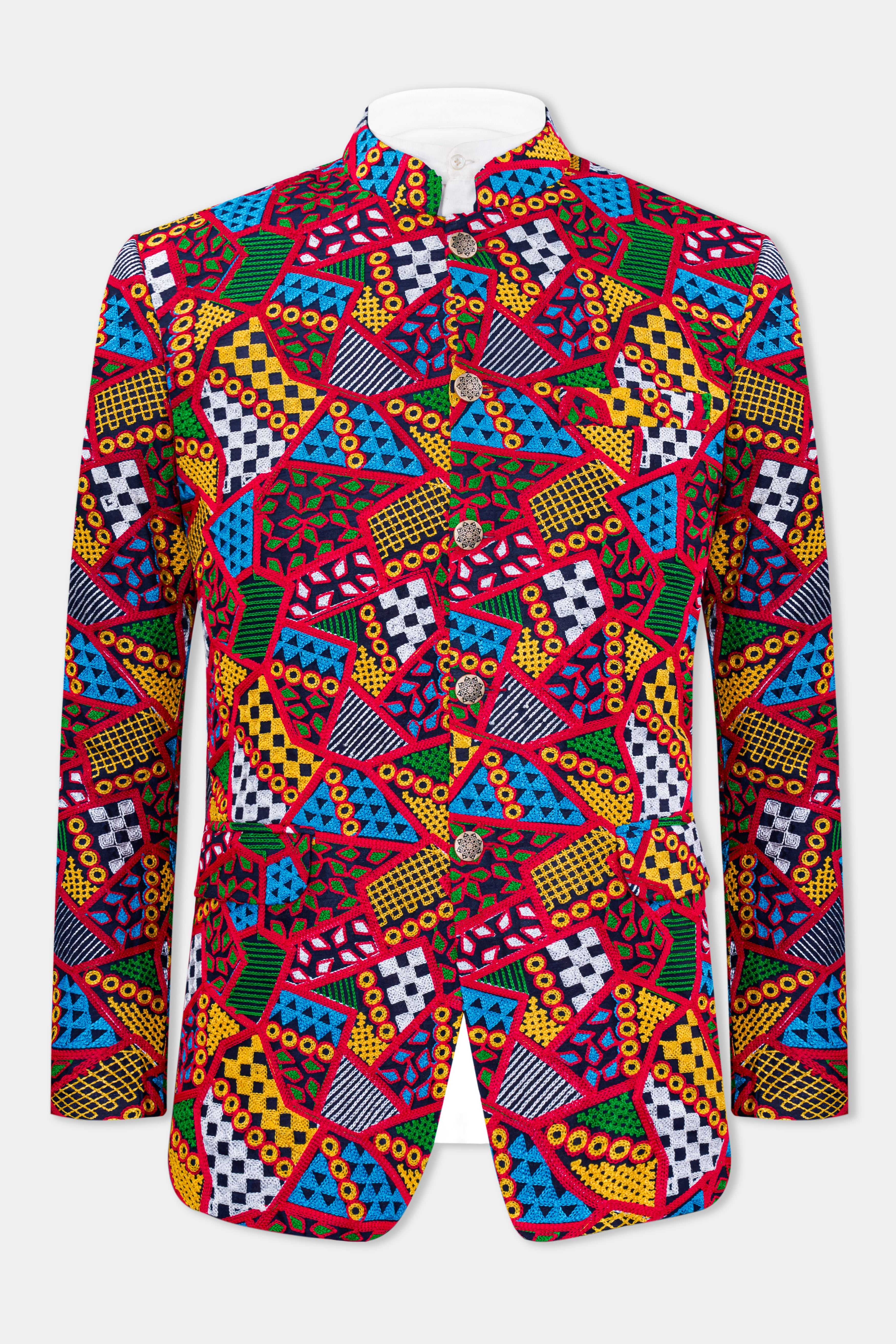 Rosso Red with Peel Yellow Multicolour Cotton Thread Embroidered Bandhgala Designer Blazer BL2886-BG-36, BL2886-BG-38, BL2886-BG-40, BL2886-BG-42, BL2886-BG-44, BL2886-BG-46, BL2886-BG-48, BL2886-BG-50, BL2886-BG-86, BL2886-BG-54, BL2886-BG-56, BL2886-BG-58, BL2886-BG-60