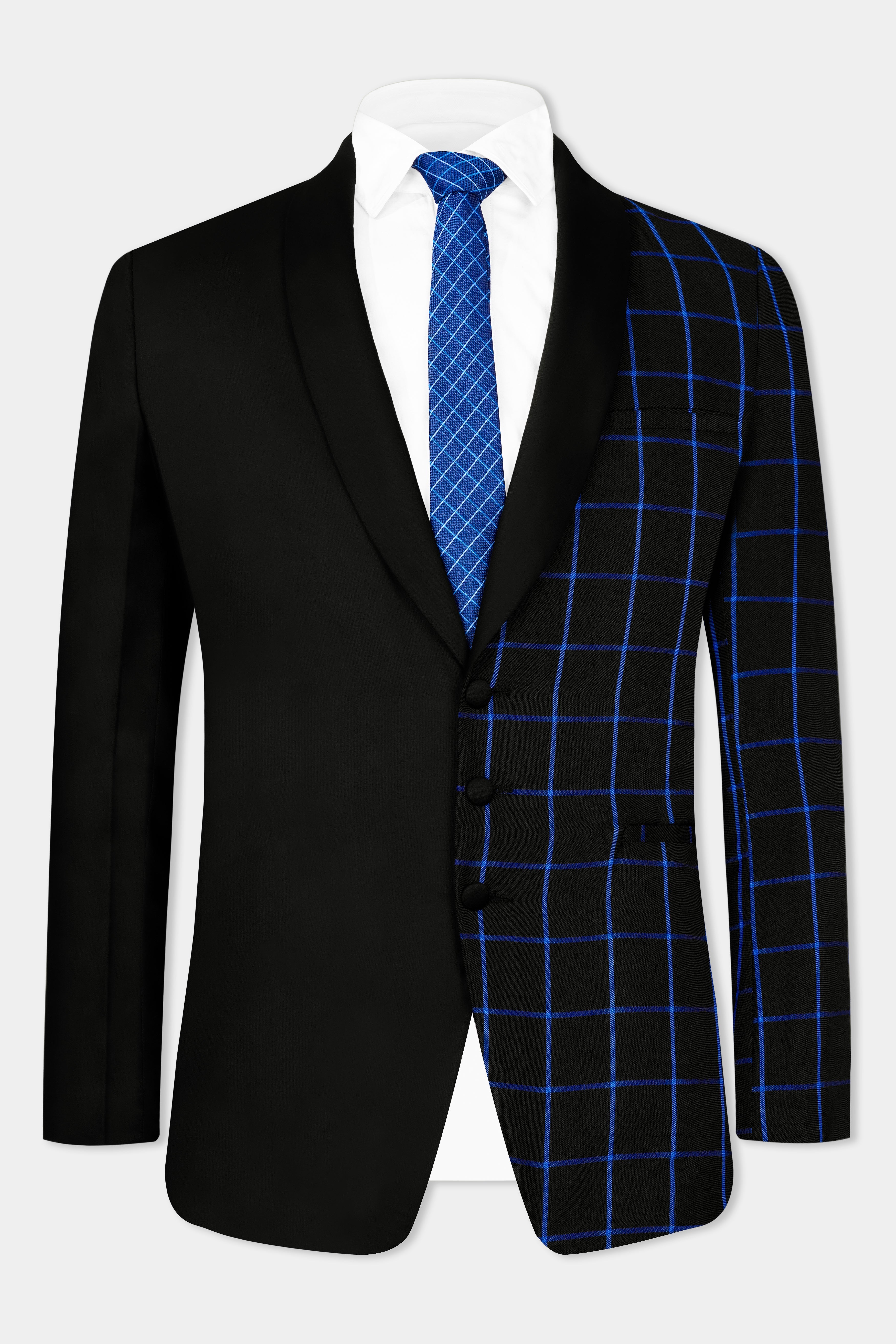 Half Black and Half Windowpane Wool Rich Designer Blazer BL2897-SB-D51-36, BL2897-SB-D51-38, BL2897-SB-D51-40, BL2897-SB-D51-42, BL2897-SB-D51-44, BL2897-SB-D51-46, BL2897-SB-D51-48, BL2897-SB-D51-50, BL2897-SB-D51-52, BL2897-SB-D51-54, BL2897-SB-D51-56, BL2897-SB-D51-58, BL2897-SB-D51-60