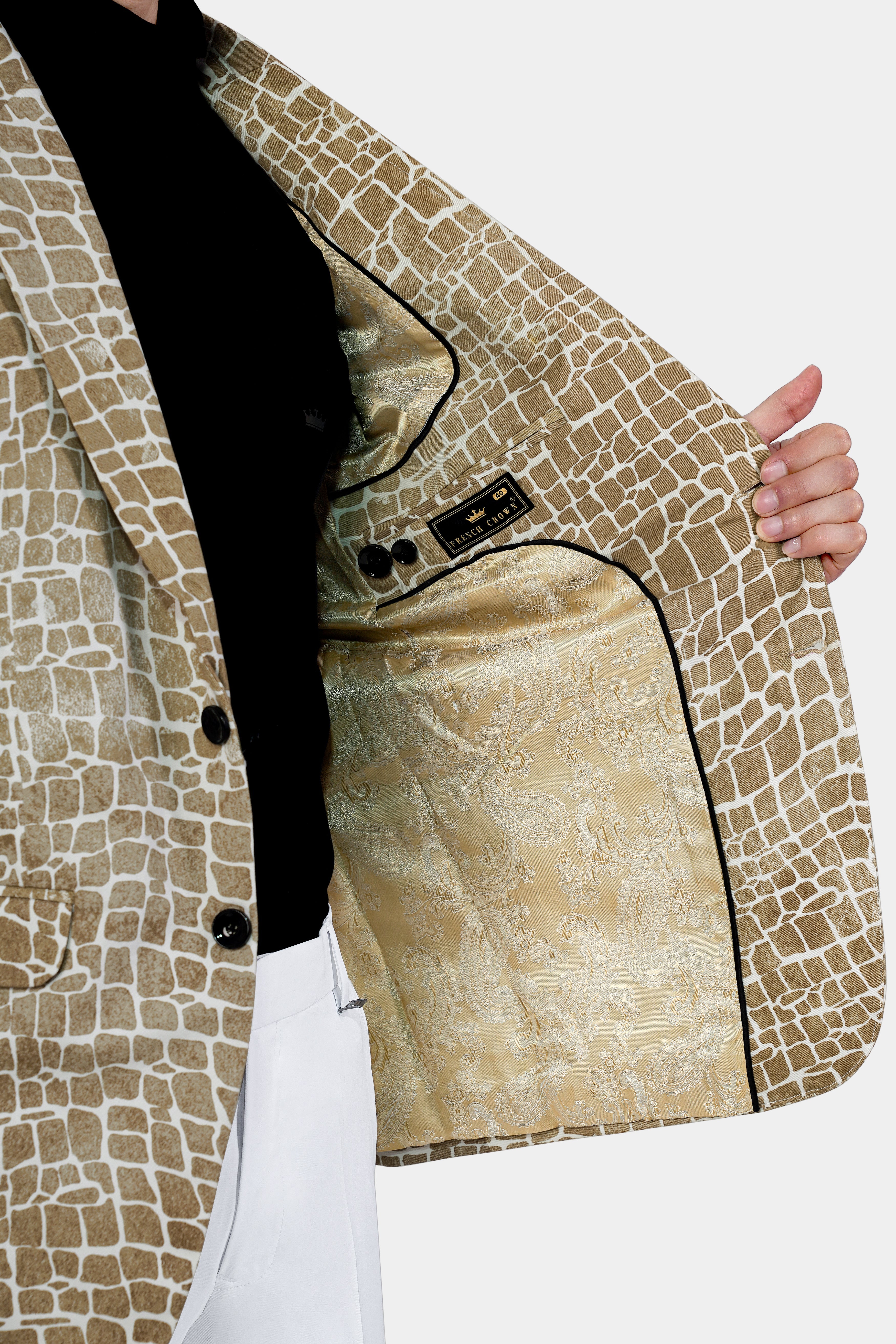 Bright White and Cocoa Brown Printed Premium Cotton Blazer BL3038-SB-36, BL3038-SB-38, BL3038-SB-40, BL3038-SB-42, BL3038-SB-44, BL3038-SB-46, BL3038-SB-48, BL3038-SB-50, BL3038-SB-52, BL3038-SB-54, BL3038-SB-56, BL3038-SB-58, BL3038-SB-60