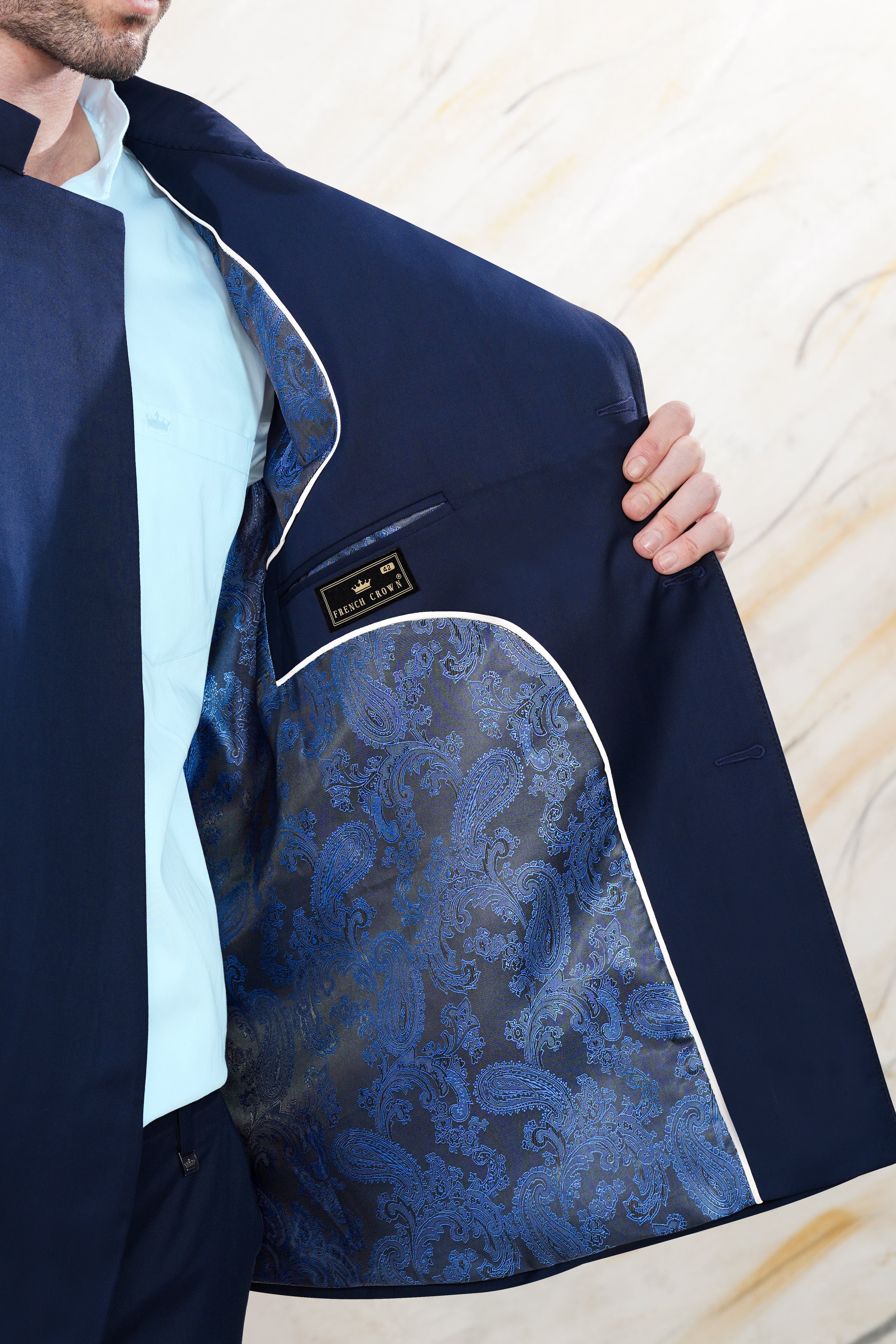 Cloud Burst Blue Cross Buttoned Wool Rich Bandhgala Blazer BL3061-CBG2-36, BL3061-CBG2-38, BL3061-CBG2-40, BL3061-CBG2-42, BL3061-CBG2-44, BL3061-CBG2-46, BL3061-CBG2-48, BL3061-CBG2-50, BL3061-CBG2-52, BL3061-CBG2-54, BL3061-CBG2-56, BL3061-CBG2-58, BL3061-CBG2-60