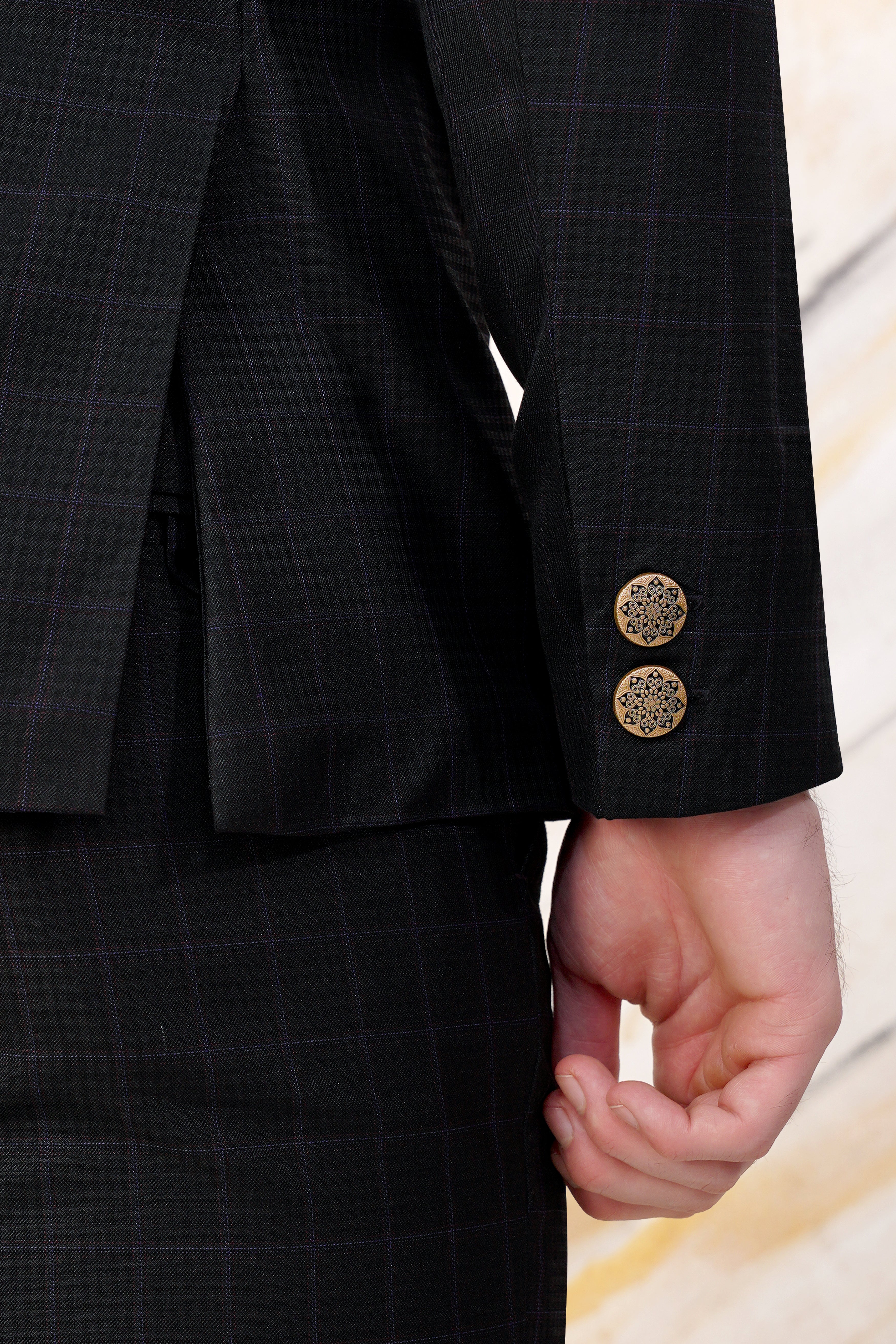 Bastille Black and Murasaki Purple Windowpane Cross Buttoned Wool Rich Bandhgala Blazer BL3063-CBG2-36, BL3063-CBG2-38, BL3063-CBG2-40, BL3063-CBG2-42, BL3063-CBG2-44, BL3063-CBG2-46, BL3063-CBG2-48, BL3063-CBG2-50, BL3063-CBG2-52, BL3063-CBG2-54, BL3063-CBG2-56, BL3063-CBG2-58, BL3063-CBG2-60