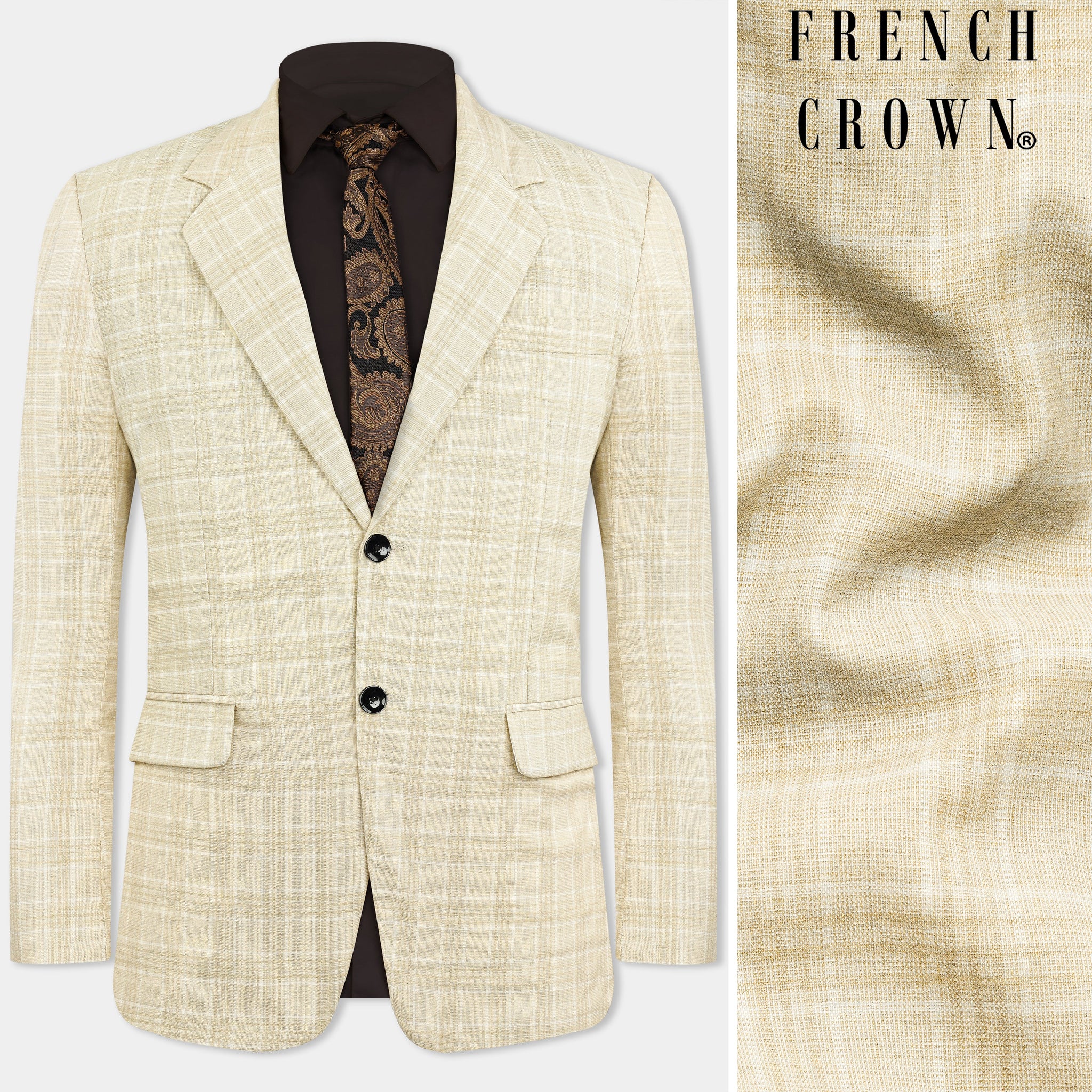 Ivory Beige Checks Jute Blend Blazer Set (Set of 3)