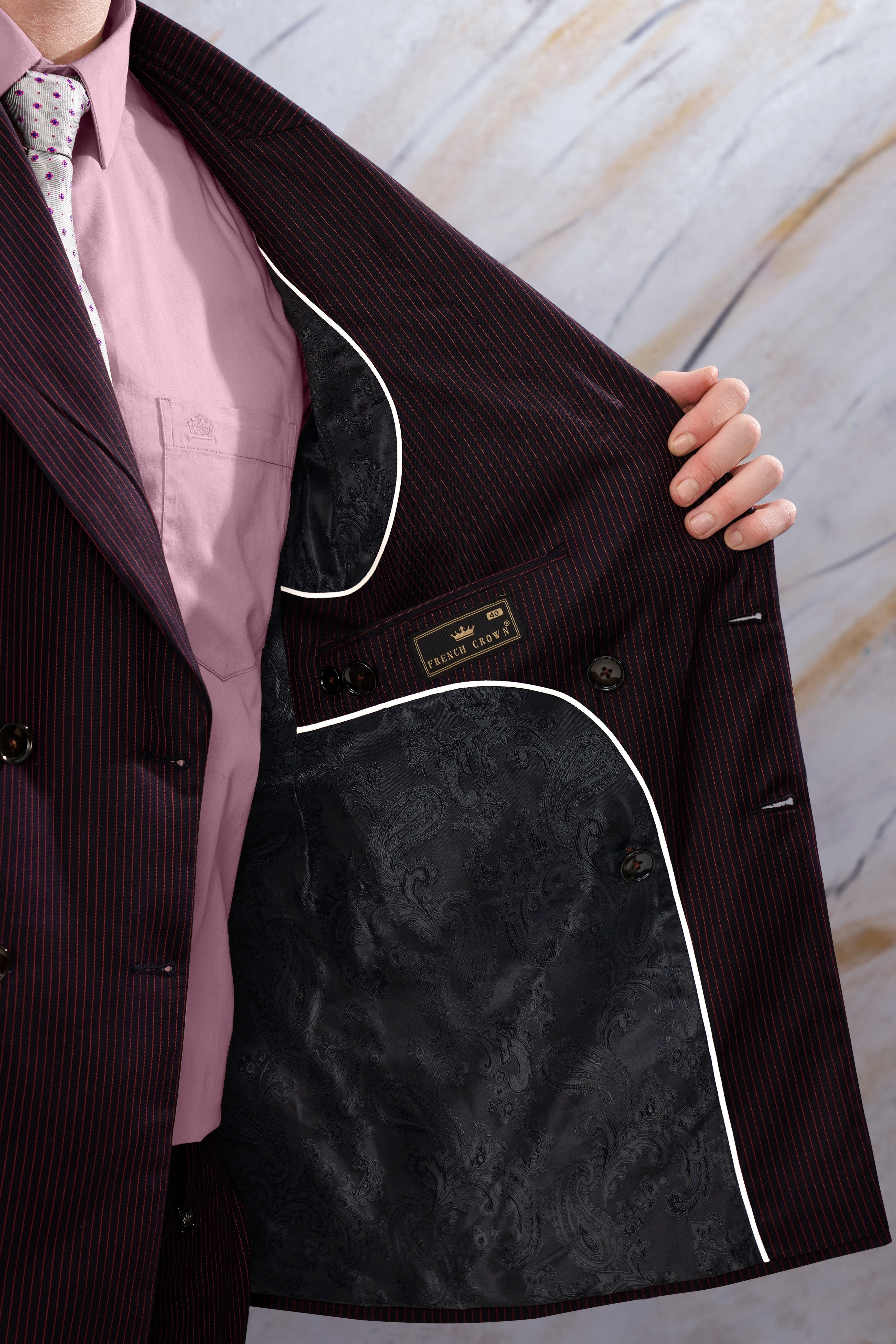 Onyx Maroon and Mandy Pink Striped Double Breasted Wool Rich Blazer BL3087-DB-36, BL3087-DB-38, BL3087-DB-40, BL3087-DB-42, BL3087-DB-44, BL3087-DB-46, BL3087-DB-48, BL3087-DB-50, BL3087-DB-52, BL3087-DB-54, BL3087-DB-56, BL3087-DB-58, BL3087-DB-60