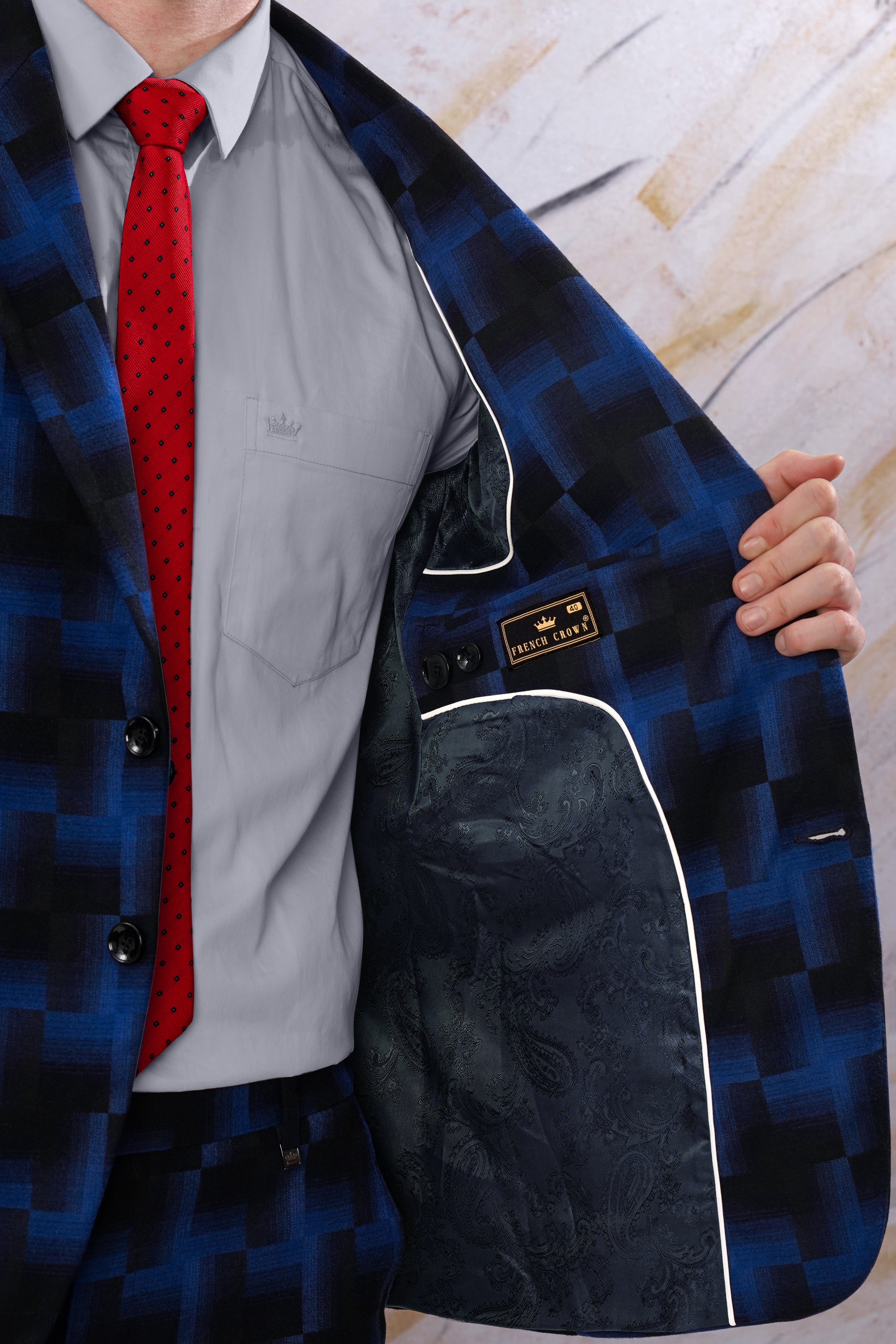 Marine Blue and Black Geometric Pattern Wool Rich Blazer BL3097-SB-36, BL3097-SB-38, BL3097-SB-40, BL3097-SB-42, BL3097-SB-44, BL3097-SB-46, BL3097-SB-48, BL3097-SB-50, BL3097-SB-52, BL3097-SB-54, BL3097-SB-56, BL3097-SB-58, BL3097-SB-60