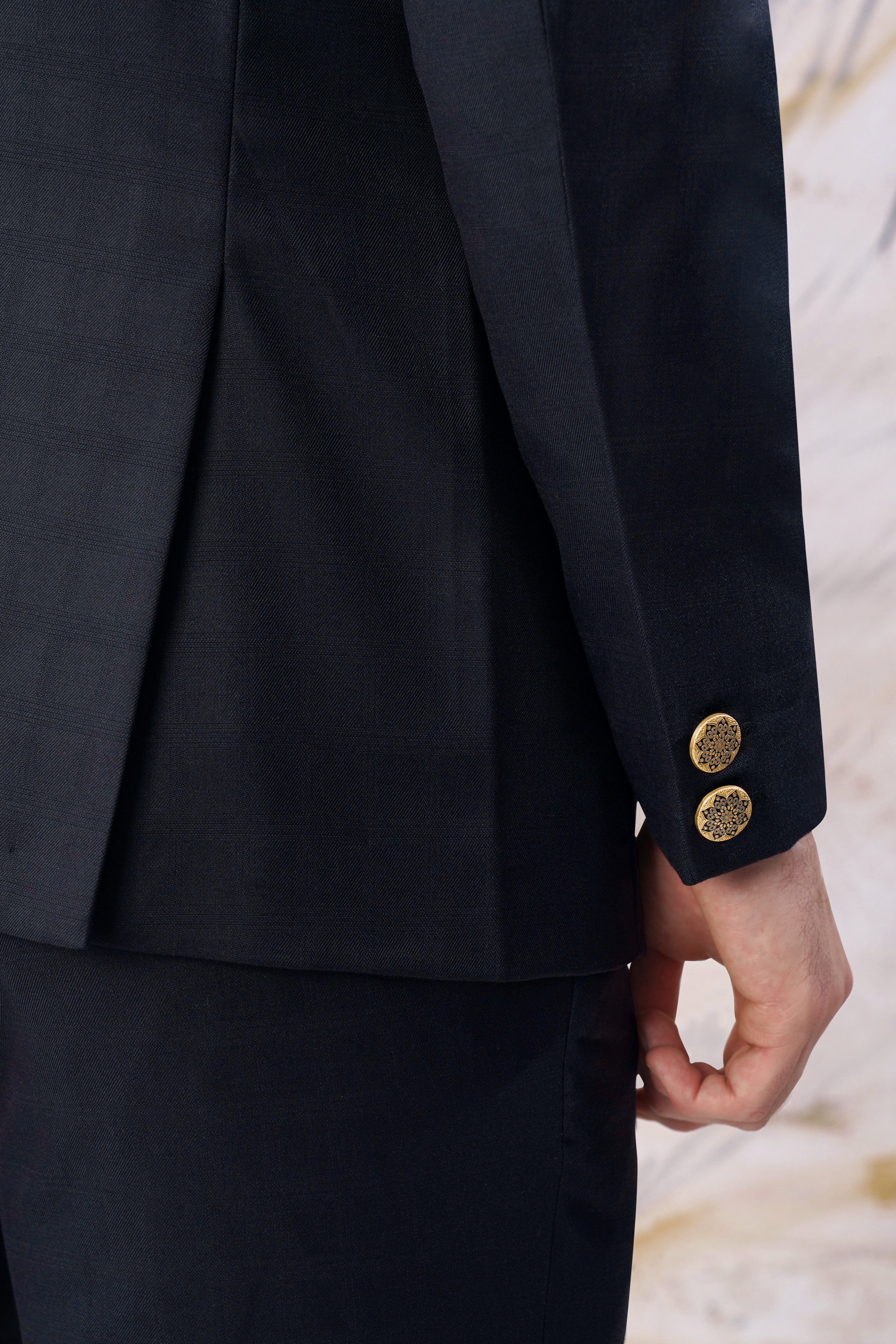 Baltic Blue Subtle Checkered Cross Buttoned Bandhgala Wool Rich Blazer BL3098-CBG-36, BL3098-CBG-38, BL3098-CBG-40, BL3098-CBG-42, BL3098-CBG-44, BL3098-CBG-46, BL3098-CBG-48, BL3098-CBG-50, BL3098-CBG-52, BL3098-CBG-54, BL3098-CBG-56, BL3098-CBG-58, BL3098-CBG-60