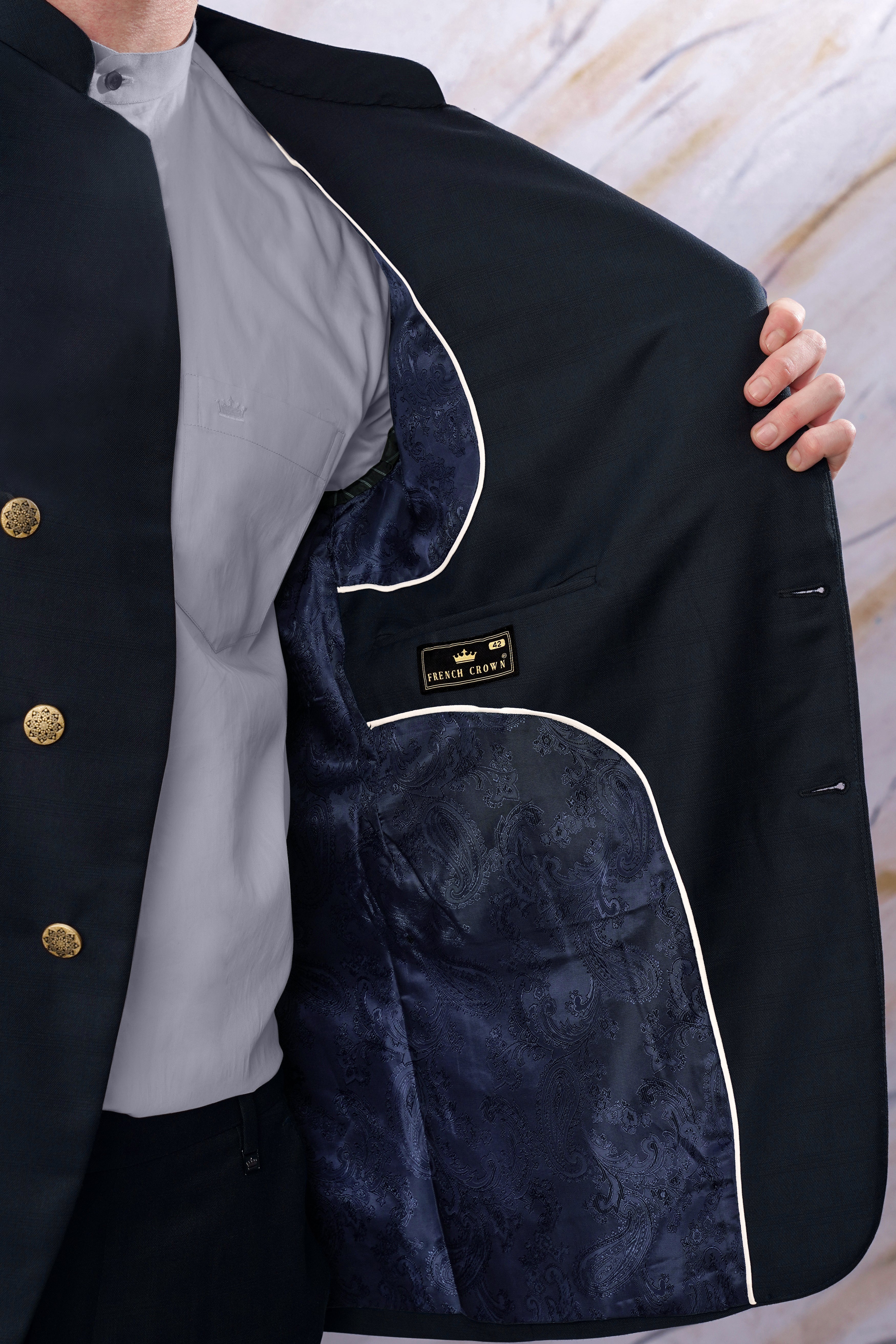 Baltic Blue Subtle Checkered Cross Buttoned Bandhgala Wool Rich Blazer BL3098-CBG-36, BL3098-CBG-38, BL3098-CBG-40, BL3098-CBG-42, BL3098-CBG-44, BL3098-CBG-46, BL3098-CBG-48, BL3098-CBG-50, BL3098-CBG-52, BL3098-CBG-54, BL3098-CBG-56, BL3098-CBG-58, BL3098-CBG-60