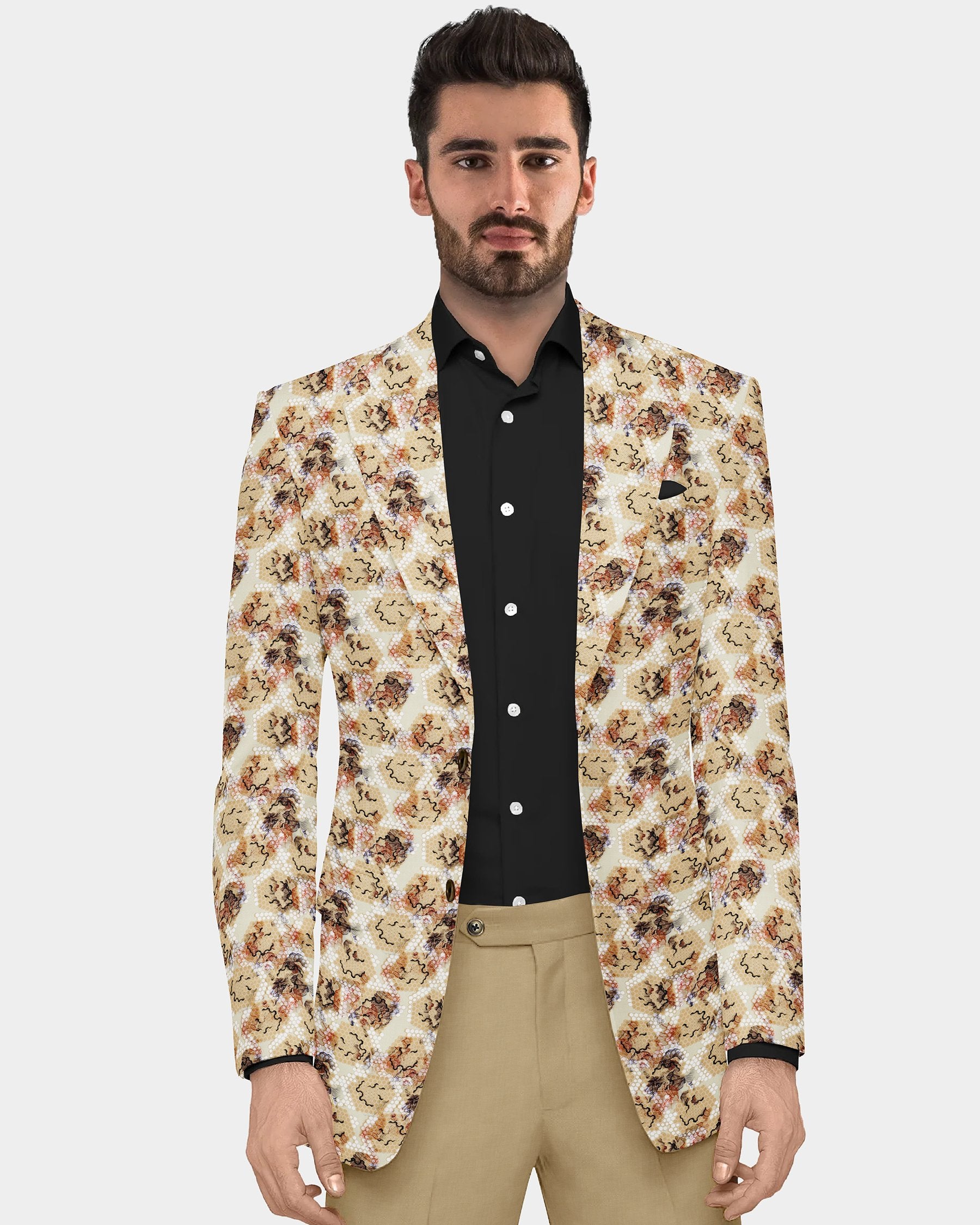 Cream Honeycomb Printed Premium Designer Blazer
