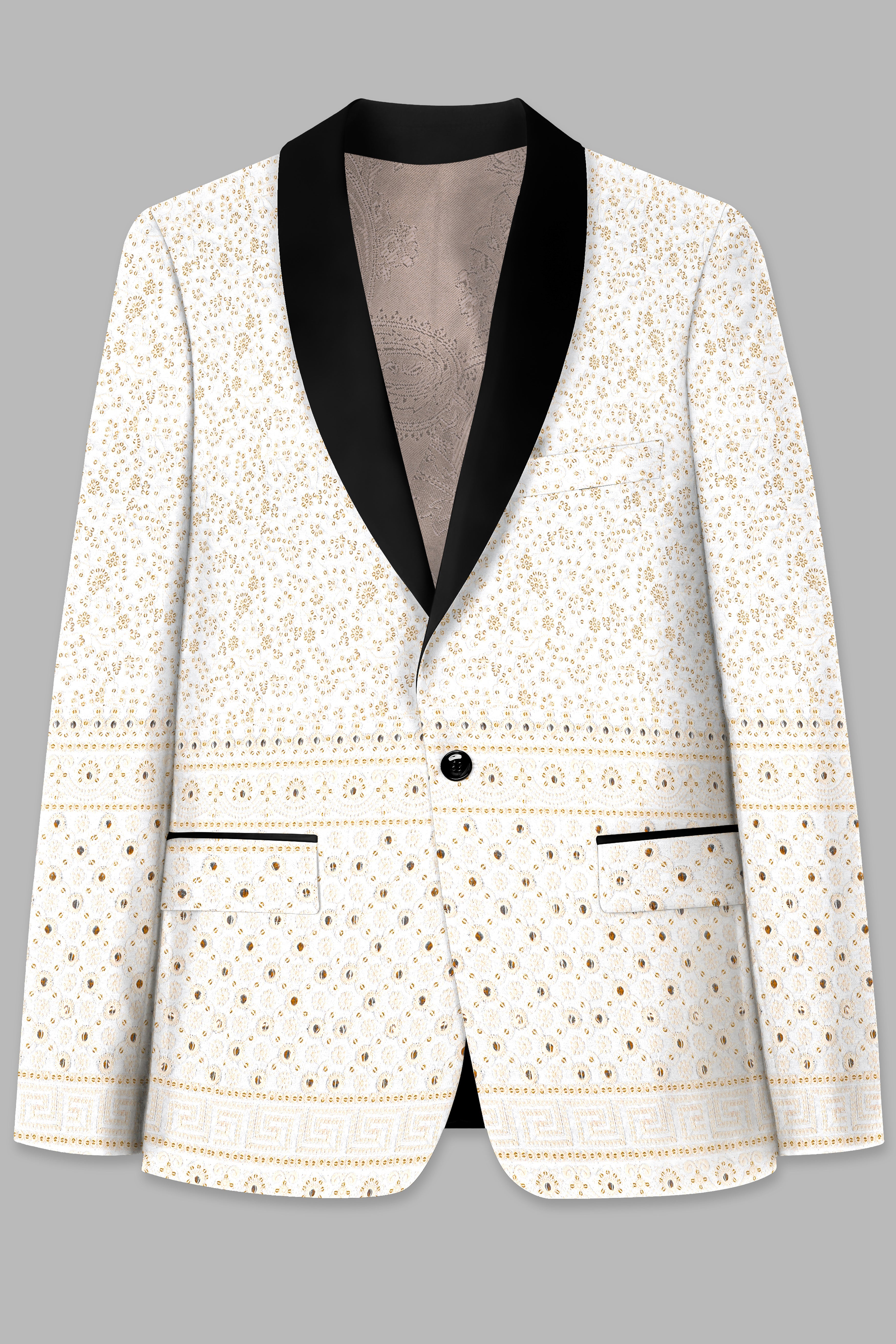 Bright White and Merino Cream Sequin Embroidered Tuxedo Blazer BL3683-BKL-36, BL3683-BKL-38, BL3683-BKL-40, BL3683-BKL-42, BL3683-BKL-44, BL3683-BKL-46, BL3683-BKL-48, BL3683-BKL-50, BL3683-BKL-52, BL3683-BKL-54, BL3683-BKL-56, BL3683-BKL-58, BL3683-BKL-60