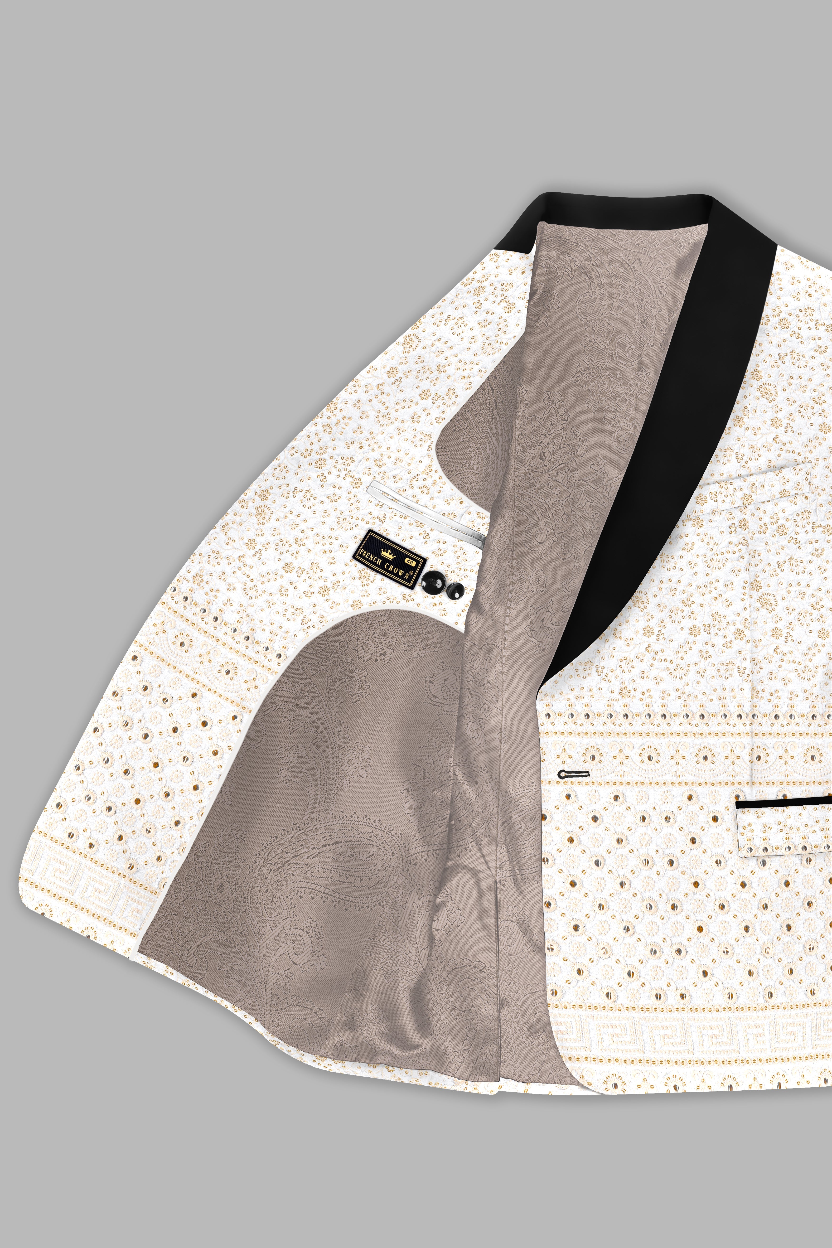 Bright White and Merino Cream Sequin Embroidered Tuxedo Blazer BL3683-BKL-36, BL3683-BKL-38, BL3683-BKL-40, BL3683-BKL-42, BL3683-BKL-44, BL3683-BKL-46, BL3683-BKL-48, BL3683-BKL-50, BL3683-BKL-52, BL3683-BKL-54, BL3683-BKL-56, BL3683-BKL-58, BL3683-BKL-60