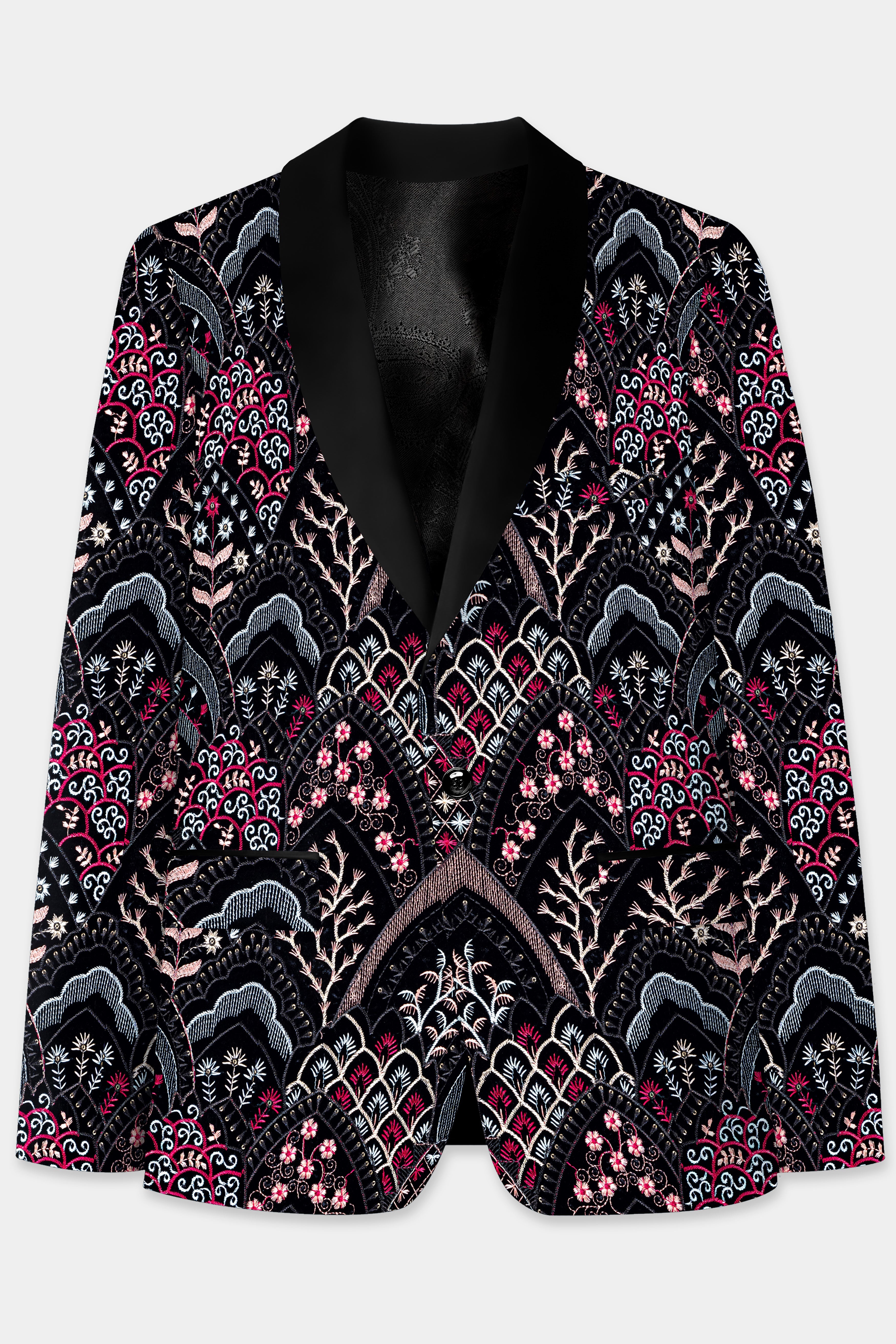 Jade Black with Tyrian Pink and Opium Brown Multicolour Floral Embroidered Tuxedo Blazer BL3690-BKL-36, BL3690-BKL-38, BL3690-BKL-40, BL3690-BKL-42, BL3690-BKL-44, BL3690-BKL-46, BL3690-BKL-48, BL3690-BKL-50, BL3690-BKL-52, BL3690-BKL-54, BL3690-BKL-56, BL3690-BKL-58, BL3690-BKL-60