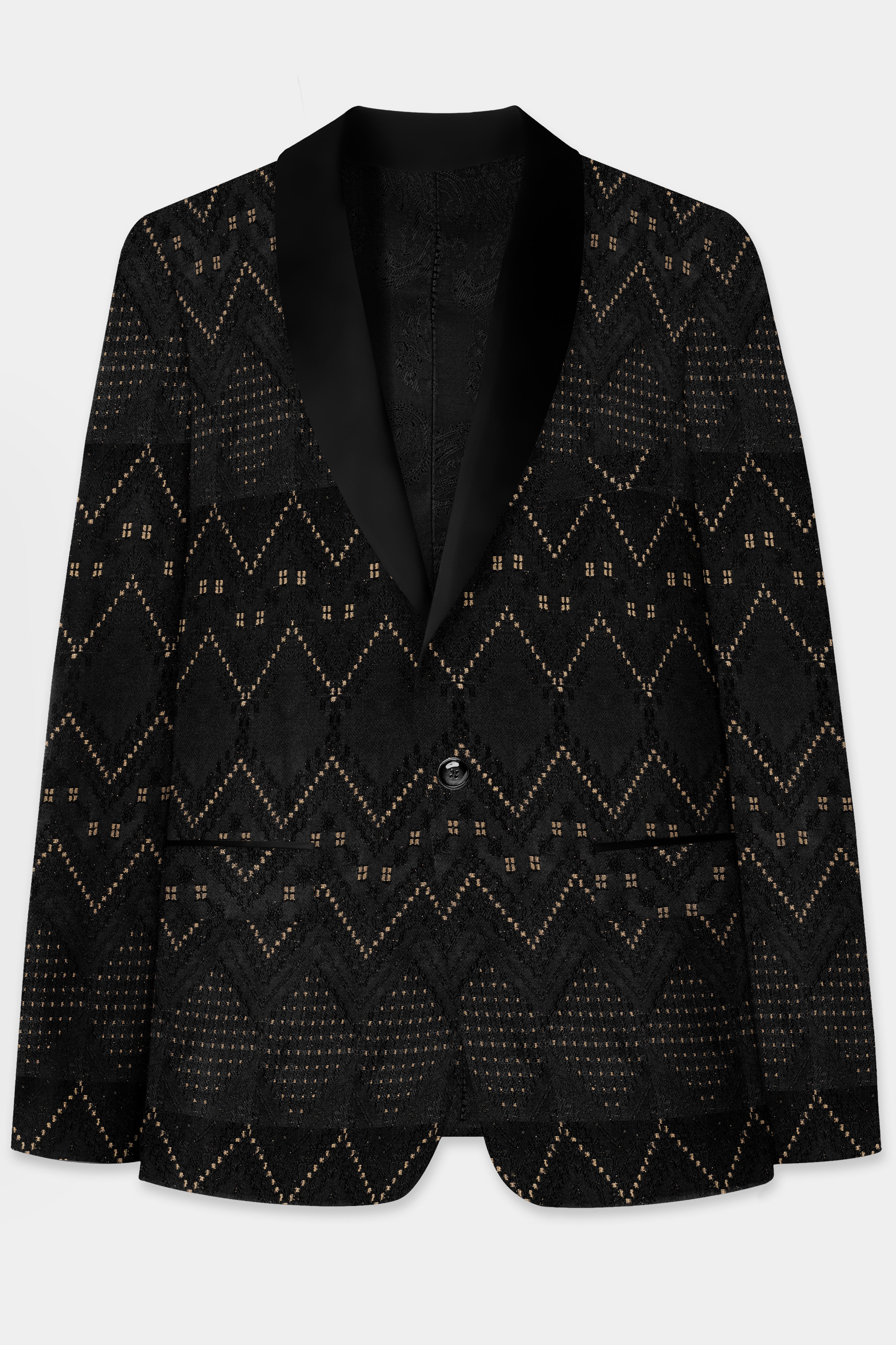 Jade Black and Porshe Cream Chevron Jacquard Weave Tuxedo Blazer BL3726-BKL-36, BL3726-BKL-38, BL3726-BKL-40, BL3726-BKL-42, BL3726-BKL-44, BL3726-BKL-46, BL3726-BKL-48, BL3726-BKL-50, BL3726-BKL-52, BL3726-BKL-54, BL3726-BKL-56, BL3726-BKL-58, BL3726-BKL-60