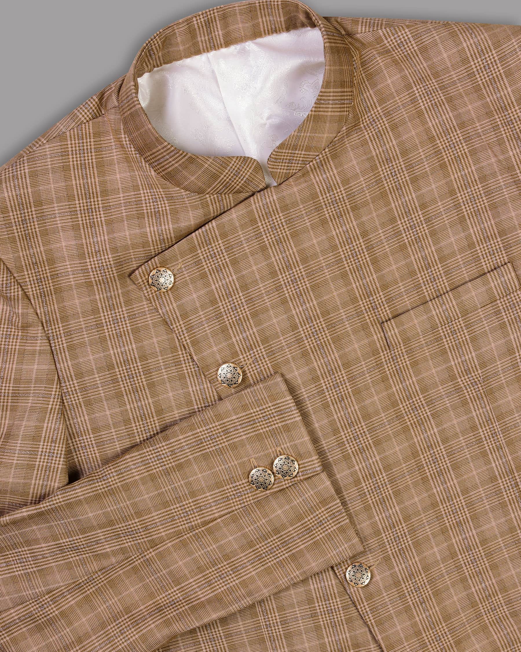 Camel Plaid Cross Placket Bandhgala/Mandarin Blazer
