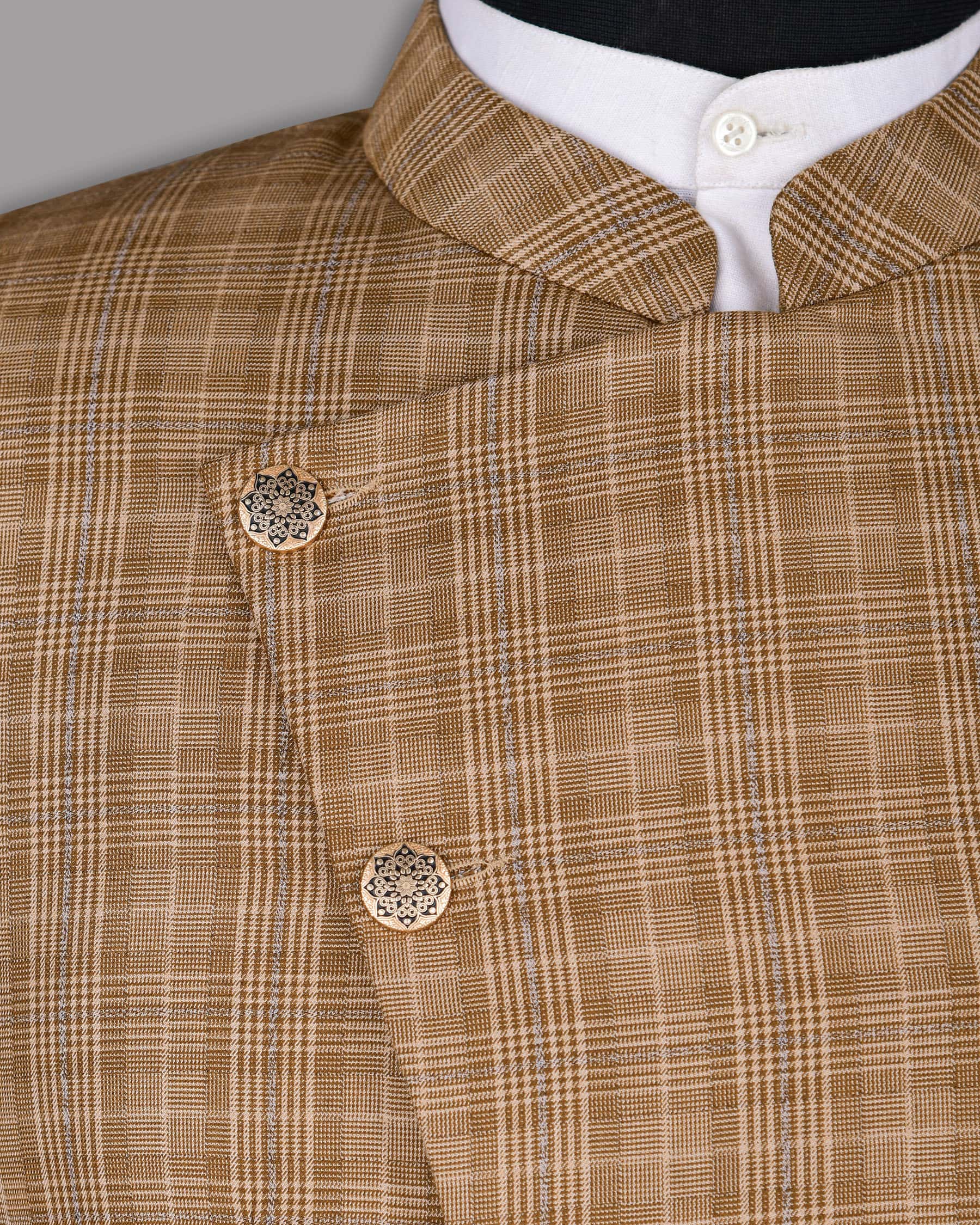 Camel Plaid Cross Placket Bandhgala/Mandarin Blazer