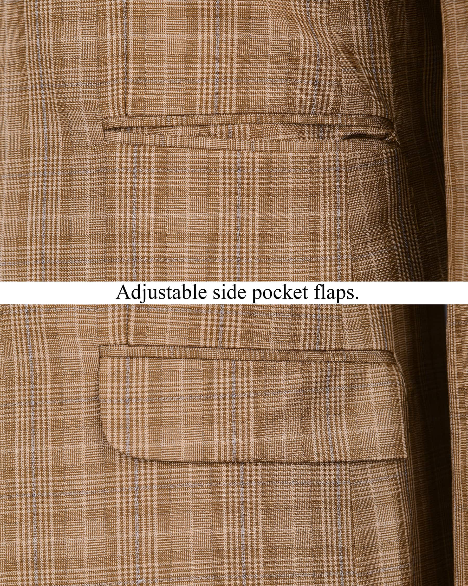 Camel Plaid Cross Placket Bandhgala/Mandarin Blazer
