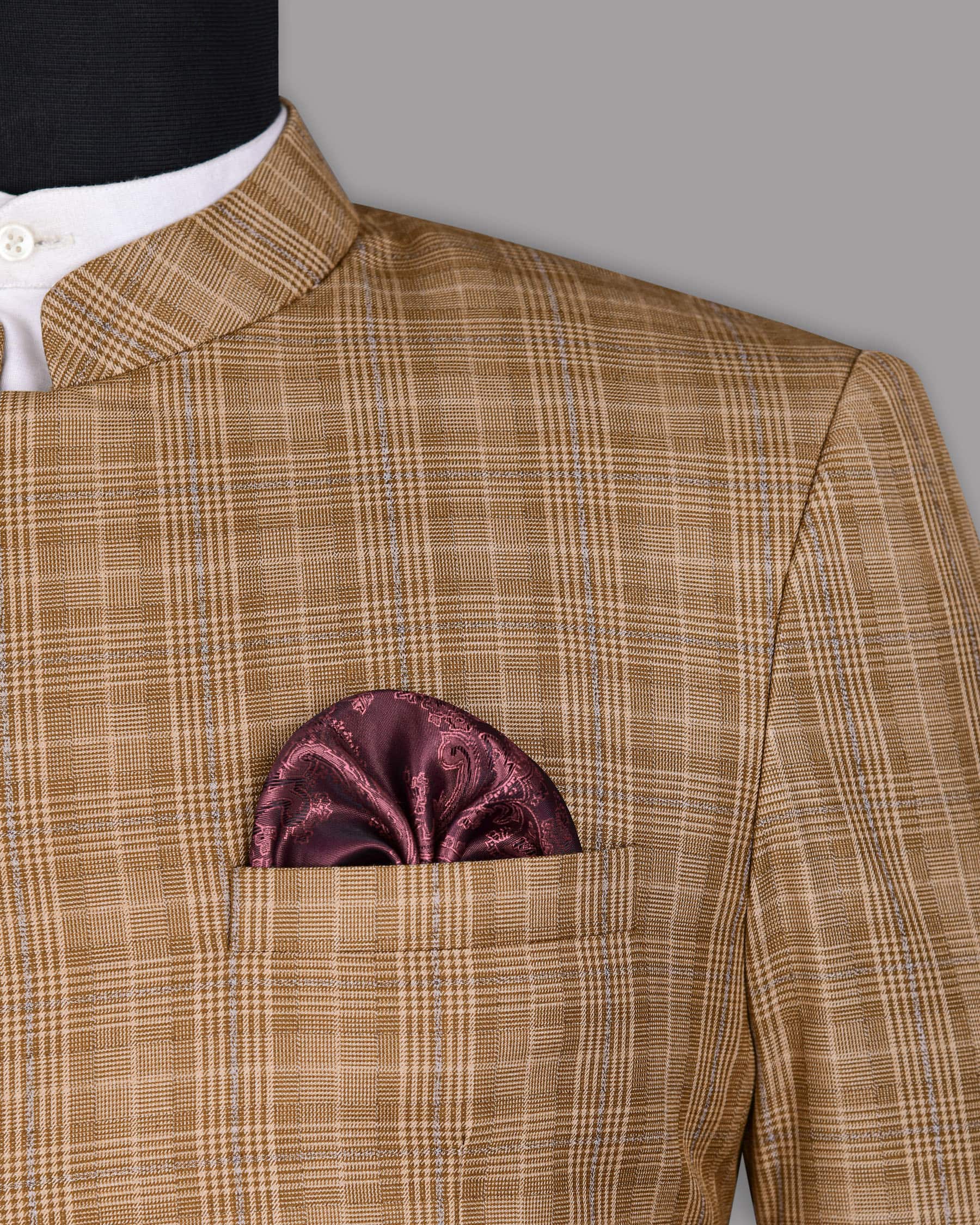 Camel Plaid Cross Placket Bandhgala/Mandarin Blazer